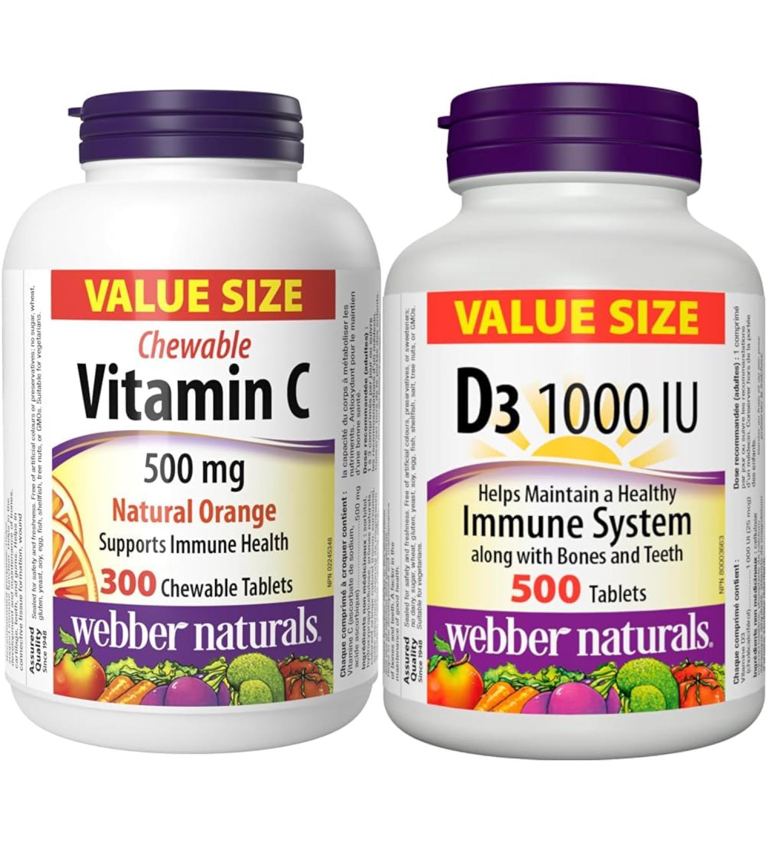 Webber Naturals Vitamin C Chewbale 500 mg 300 Orange Flavour Tablets For Bones Teeth & Vitamin D3 1000 IU 500 Tablets For Healthy Bones Teeth and the Maintenance of Good Health - Buy Online on GoSupps.com