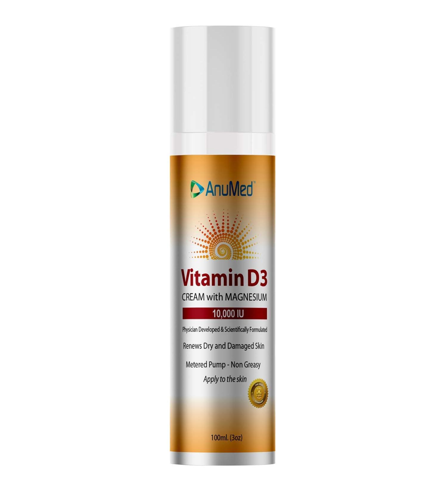ANUMED Vitamin D3 10000 IU Cream with Magnesium, Hyaluronic Acid, Vitamin E - 3oz Non-Greasy Formula for Skin, Bones, Muscles, Joints, Heart & Immune System - 0.32oz (Pack of 1) - Buy Online on GoSupps.com
