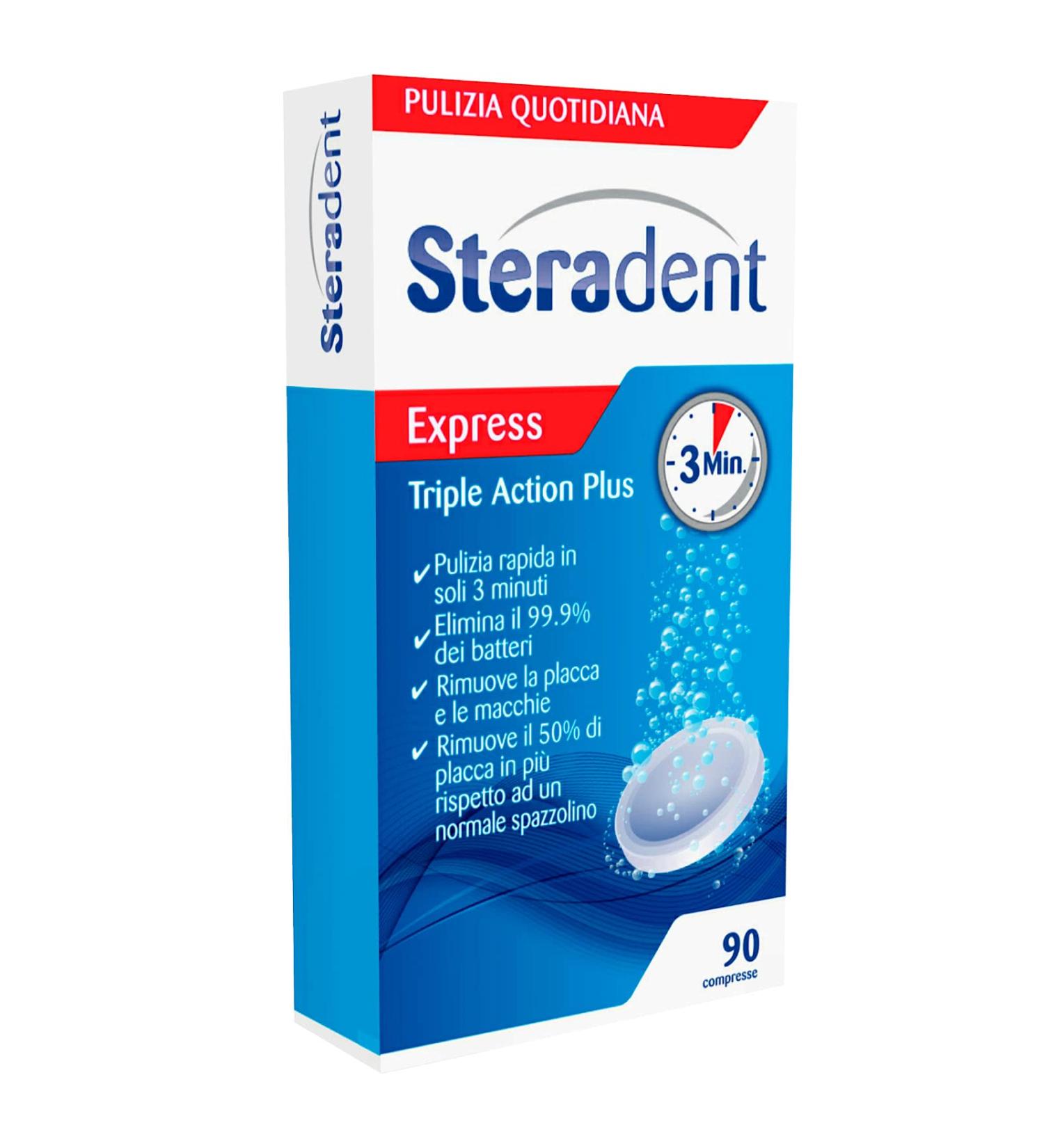Lot de 90 compresses Steradent Express Effervescents Triple Action Plus pour le nettoyage de la dent Sensation de fra cheur