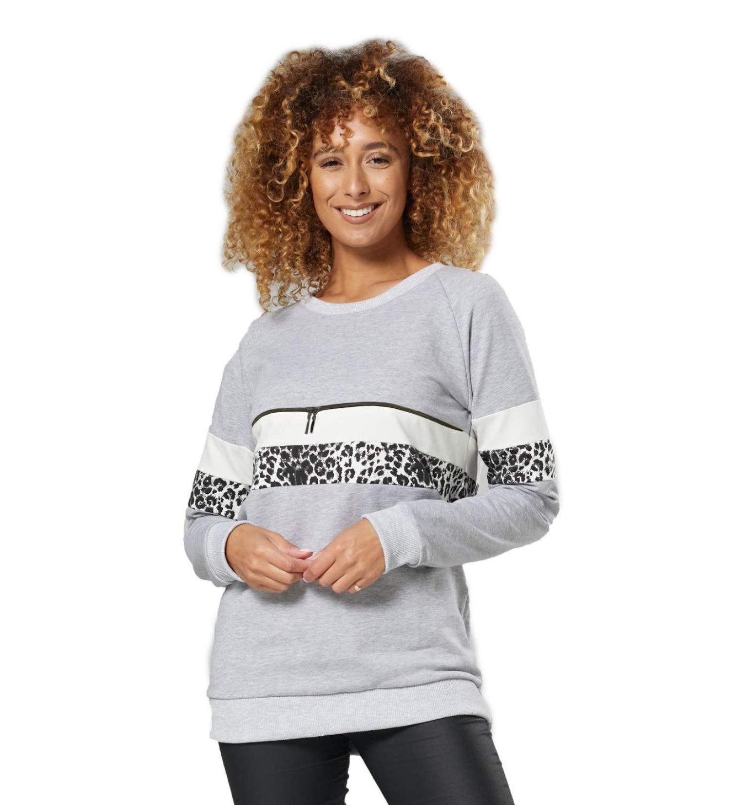 Zeta Ville Maternity Nursing Zipped Striped Sweatshirt 1110 - Light Grey Melange & Panther - Buy Online on GoSupps.com