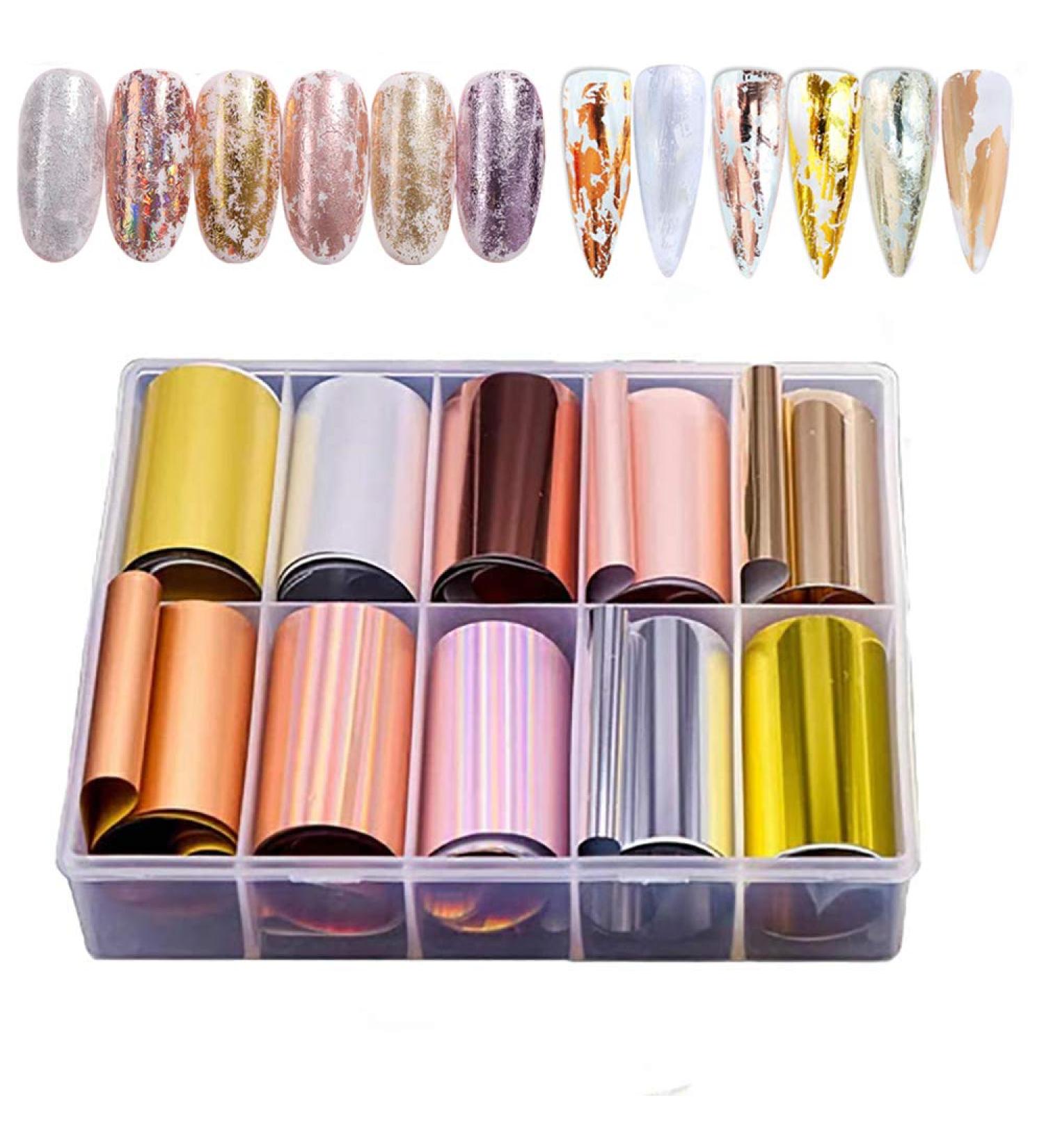 EBANKU 10 Rolls Metallic Color Holographic Nail Foil Transfer Sticker Nail Foil Adhesive Sticker Nail Art Tips Warps Shining DIY Stickers Nail Decorations for Nail Art Decoration DIY and Salon - Buy Online on GoSupps.com