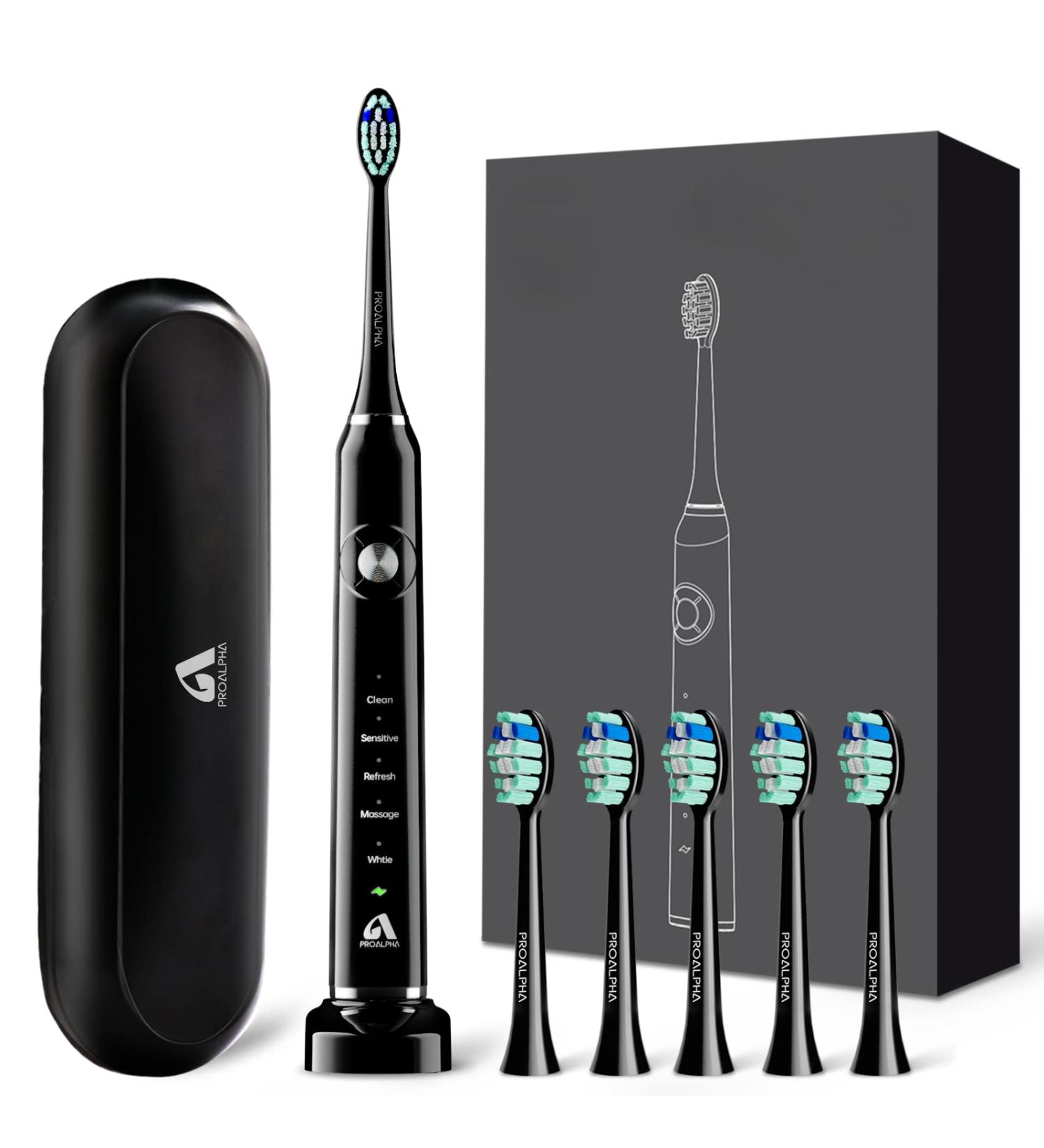 JTF Electric Toothbrush Set for Adults & Teens - 6 Brush Heads, Travel Case, 12H Charge, 2 Min Timer, 5 Modes - Black - Buy Online on GoSupps.com