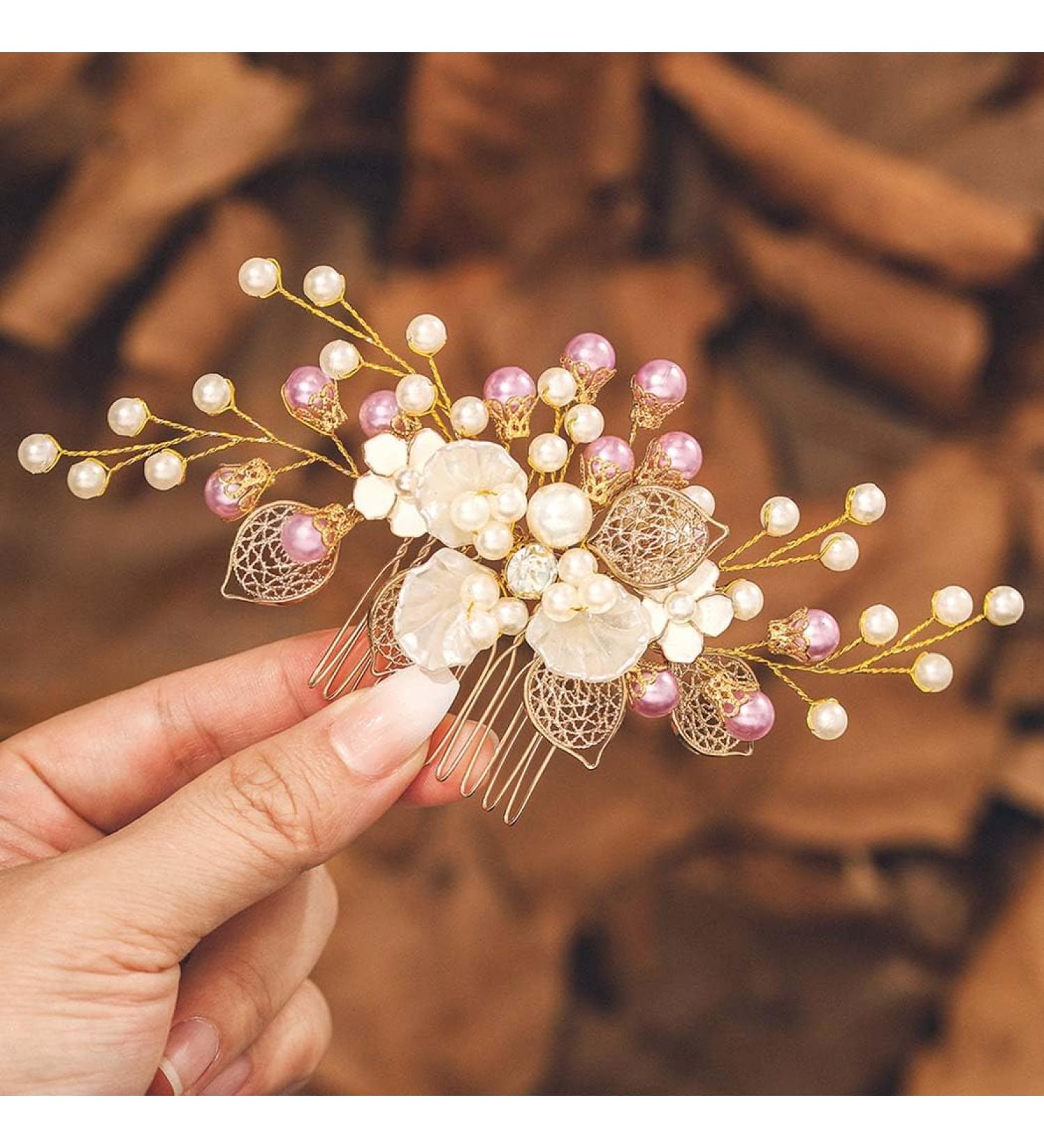 IYOU Pearl Bridal Hair Comb Gold Flower Wedding Side Combs Leaf Bride Bridesmaid Hair Accessories for Women - Buy Online on GoSupps.com