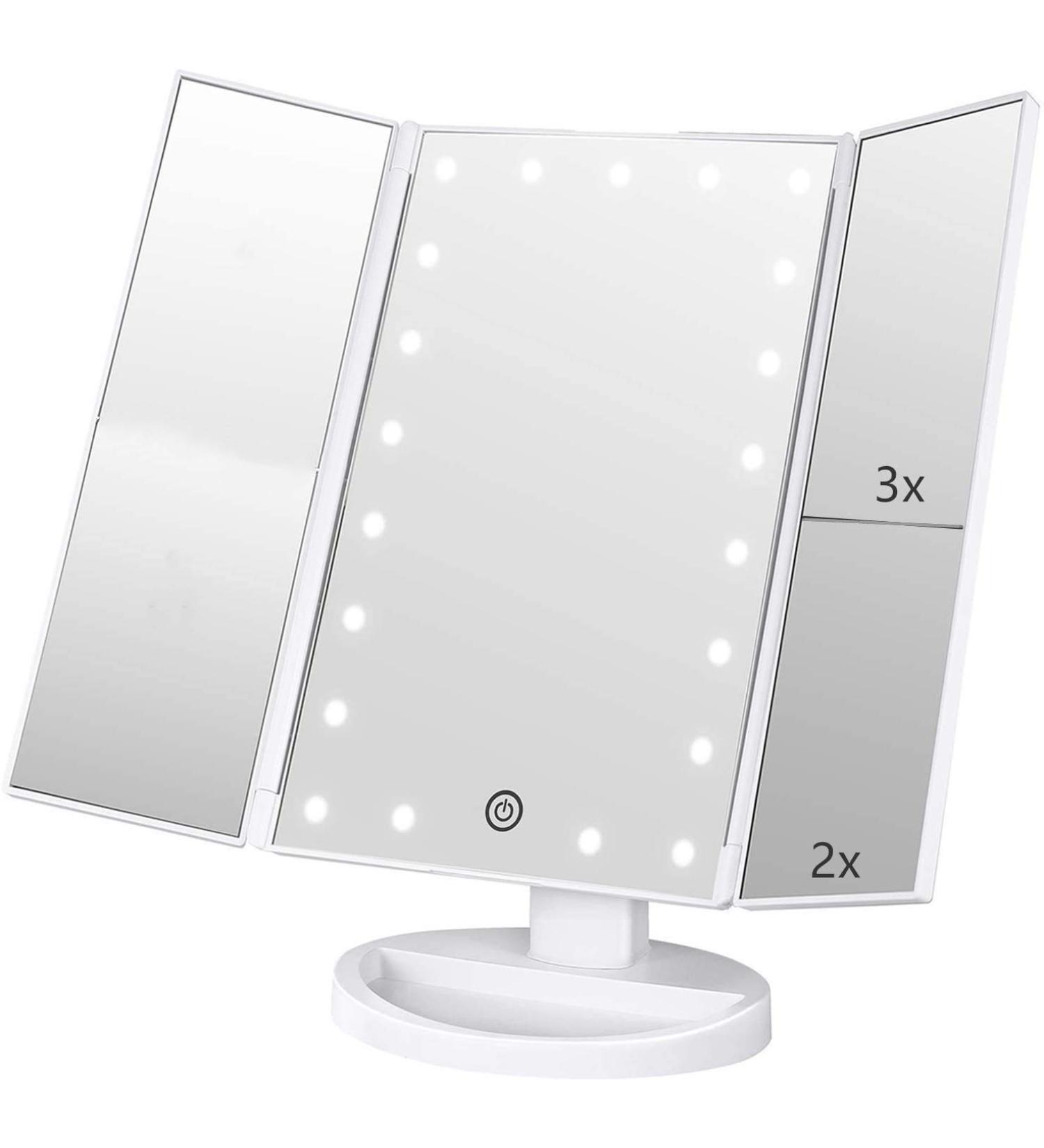 Infitrans 3-Fold Lighted Vanity Makeup Mirror 1X/2X/3X Magnification | 21 LED Bright Table Mirror with Touch Screen | 180 Adjustable Rotation | Portable Travel Cosmetic Mirror - White - Buy Online on GoSupps.com