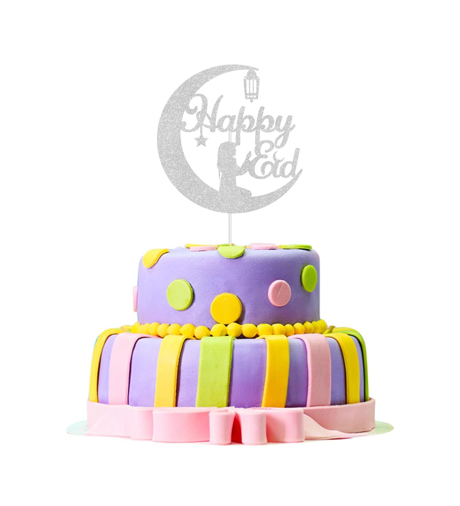 Eid Cake Decorations - 1Pcs Glitter Silver Happy Eid Mubarak Cake Toppers Crescent Moon Star Eid Baking Decorations for Muslim Islam Ramadan Eid Mubarak Decorations Party Supplies (Silver) - Buy Online on GoSupps.com