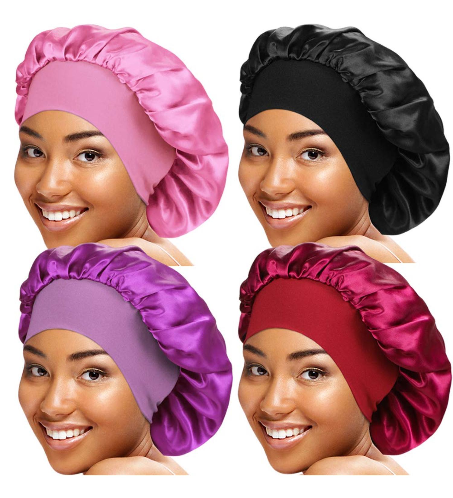 4-Piece Satin Wide Band Sleep Bonnet Set for Women - Pink, Purple, Wine Red, Black - Buy Online on GoSupps.com