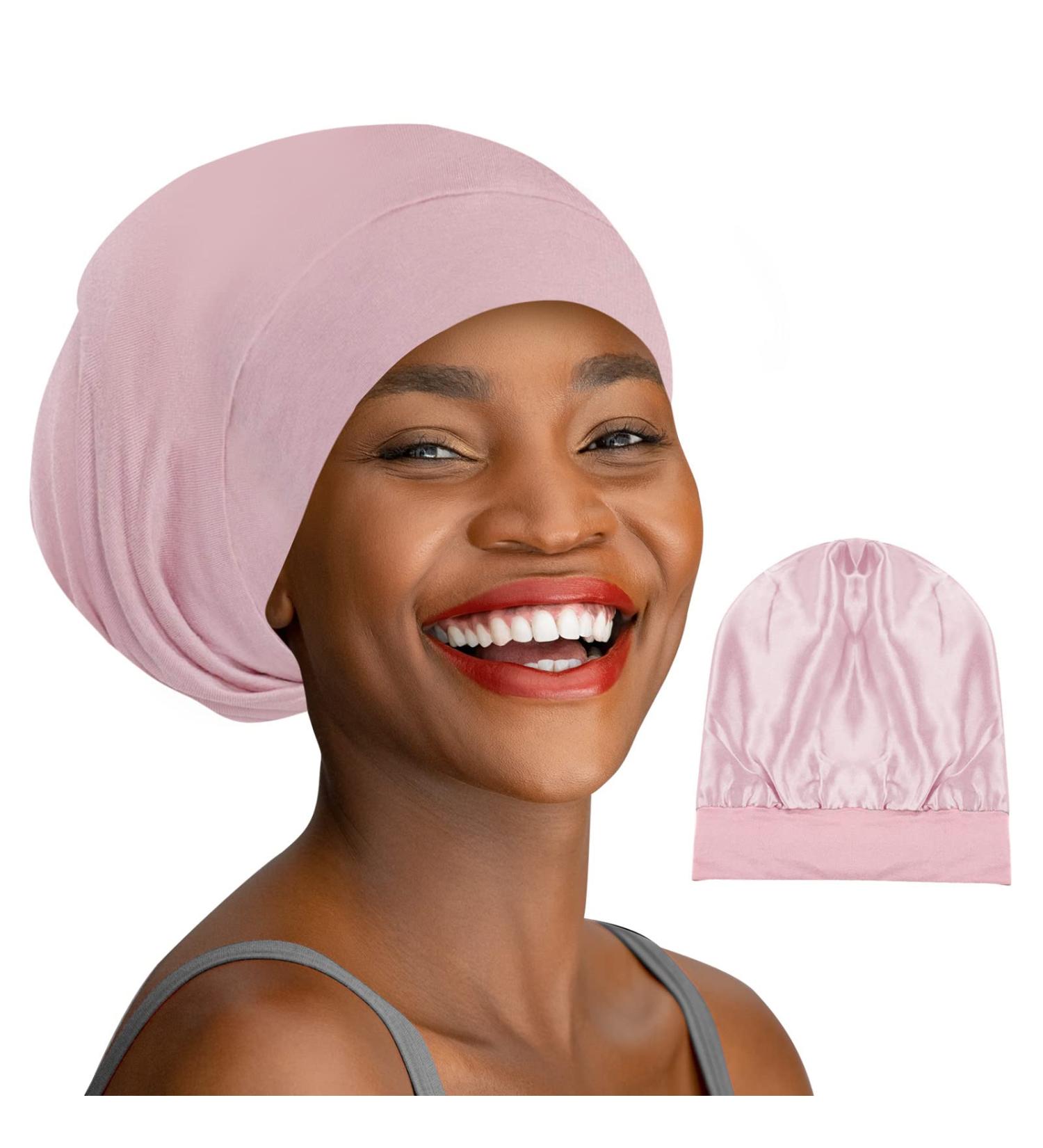 iCooBreeze Mulberry Silk Lined Sleep Cap Bonnet - Pink | Adjustable Strap for Curly Hair | Women and Men - Buy Online on GoSupps.com