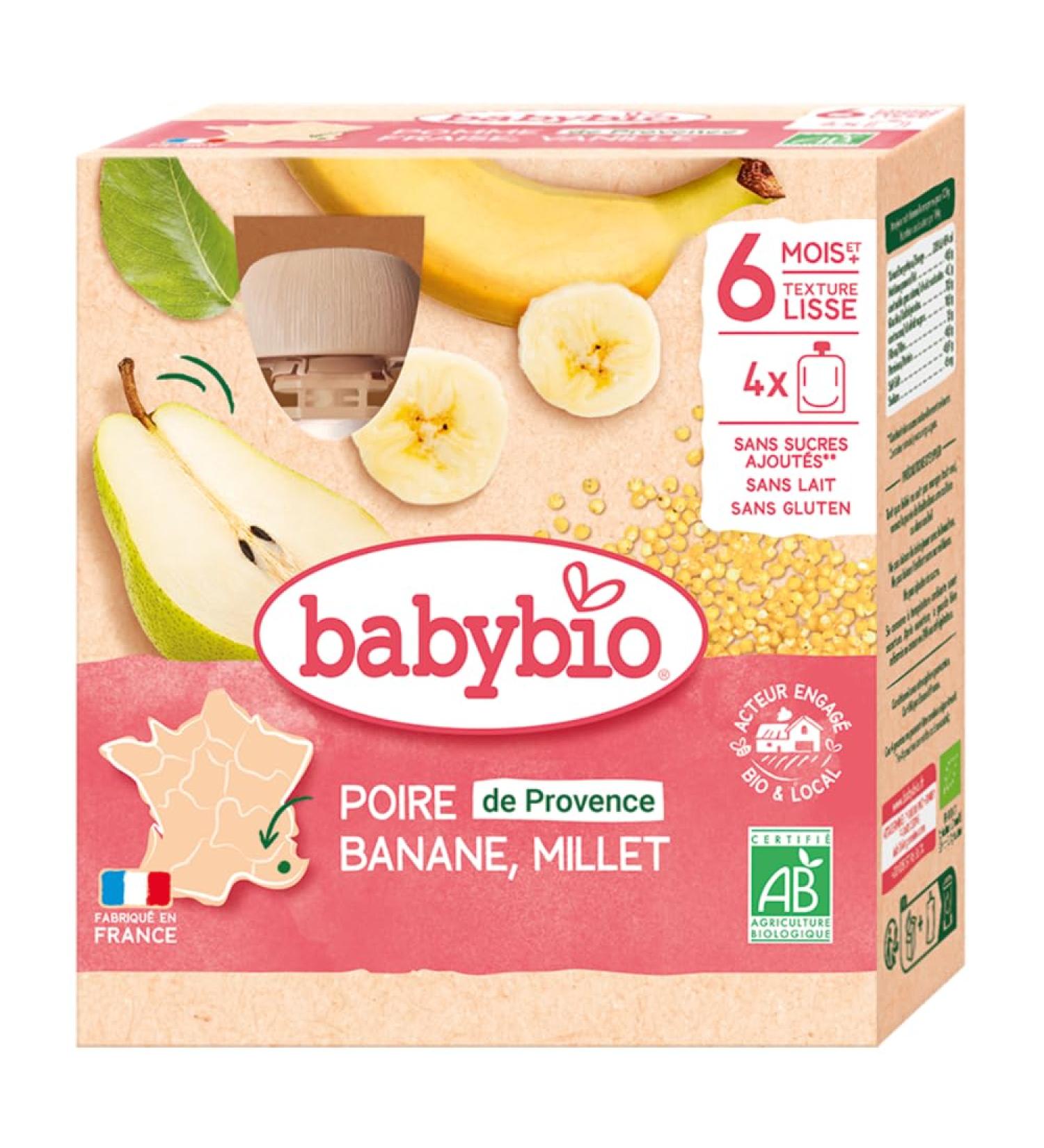 Babybio - Fruit Gourds - Pear of Provence Banana Millet 4x90 g - 6+ Months - ORGANIC - Buy Online on GoSupps.com