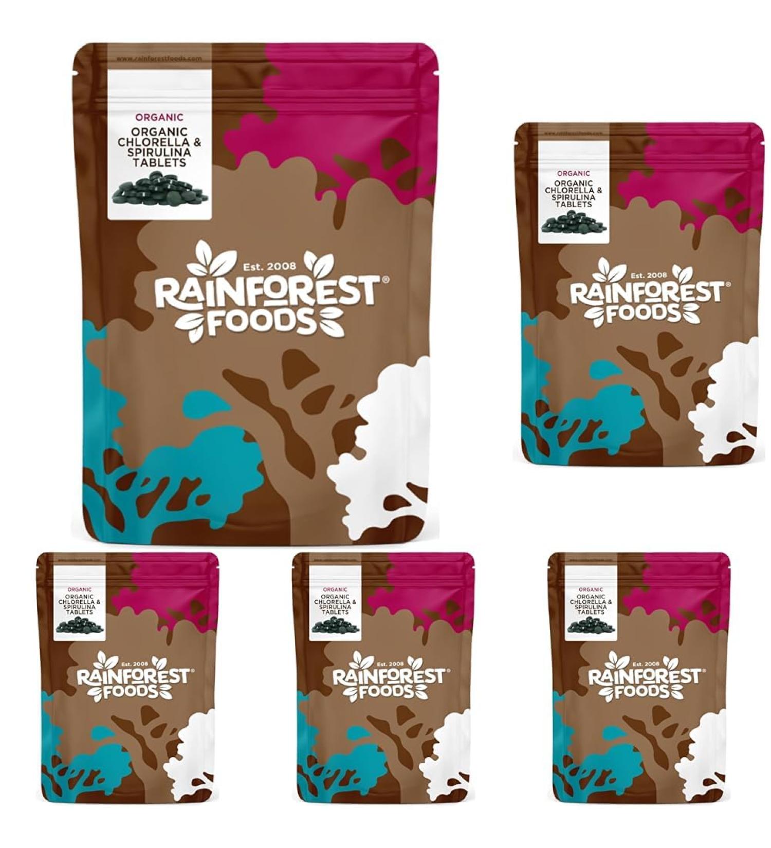 Rainforest Foods Organic Combined Chlorella and Spirulina Tablets 500mg Pack of 1500 300 count (Pack of 5)
