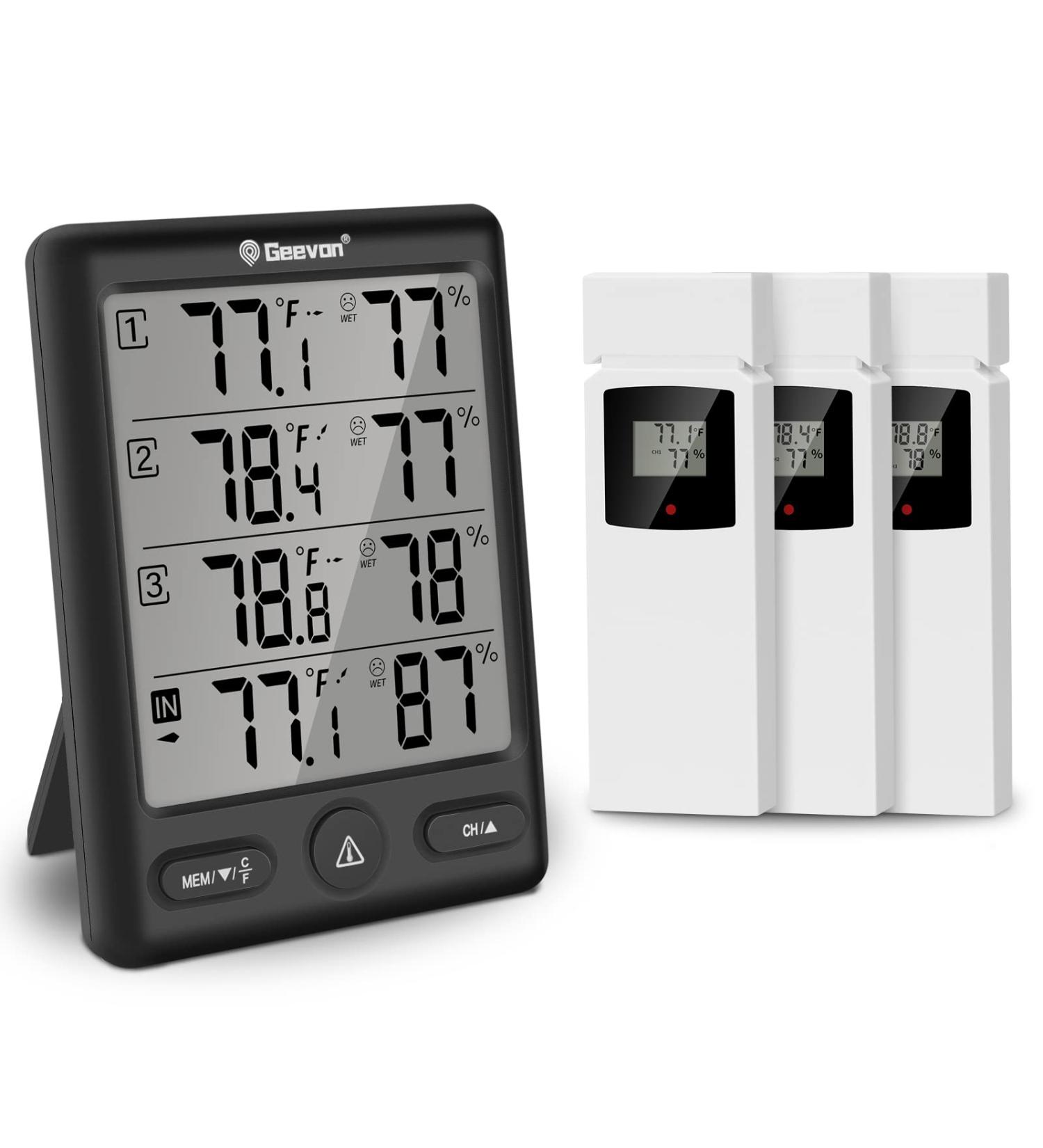 Geevon Digital Radio Thermometer with 3 Sensors - hygrometer Moisture & Air Humidity Meter - 200ft Range - Black - Buy Online on GoSupps.com