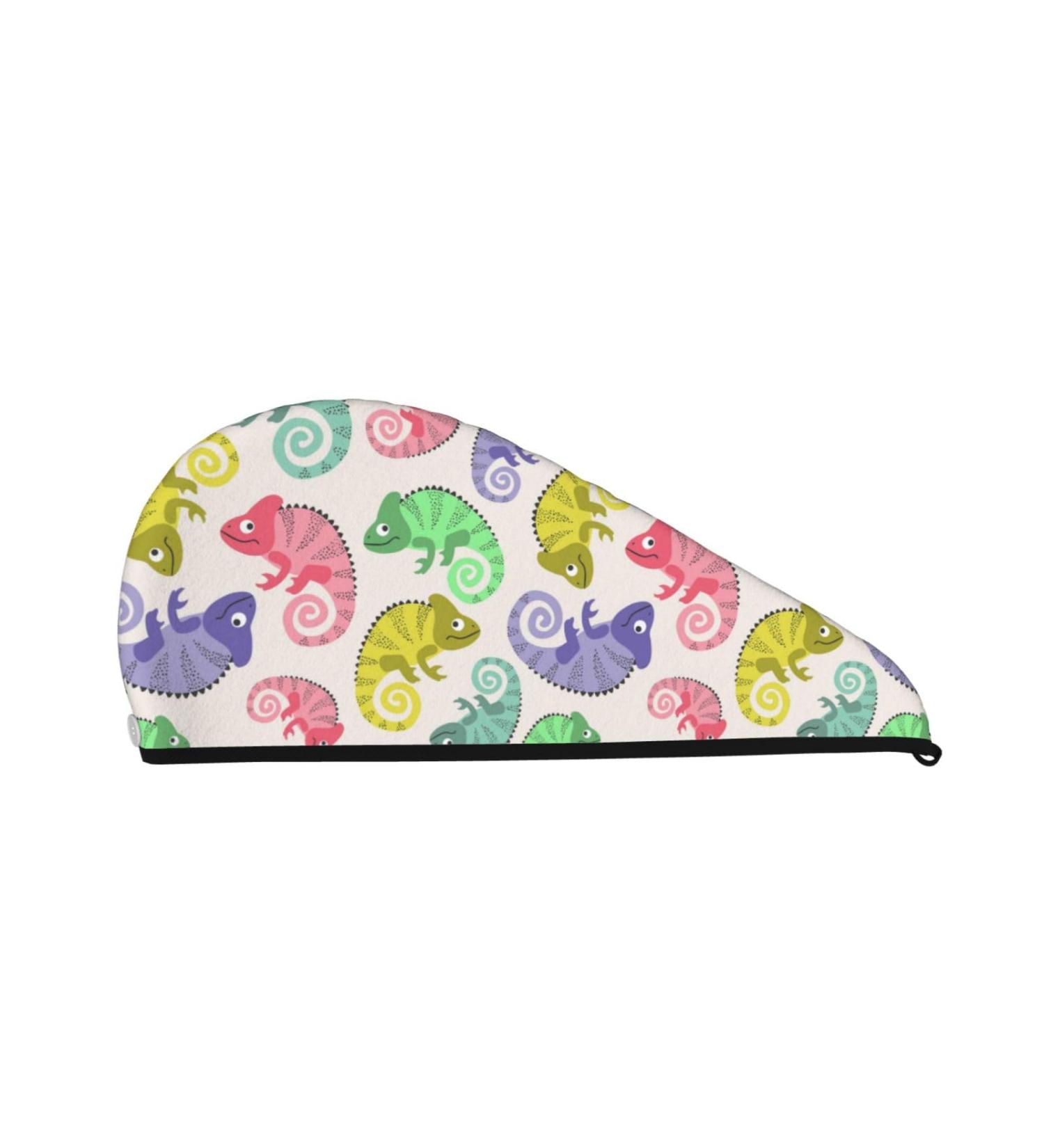 Hair Towel Wrap - Quick Drying Towel Turban with Button | Cute Chameleons Design for Fast Hair Drying - Buy Online on GoSupps.com
