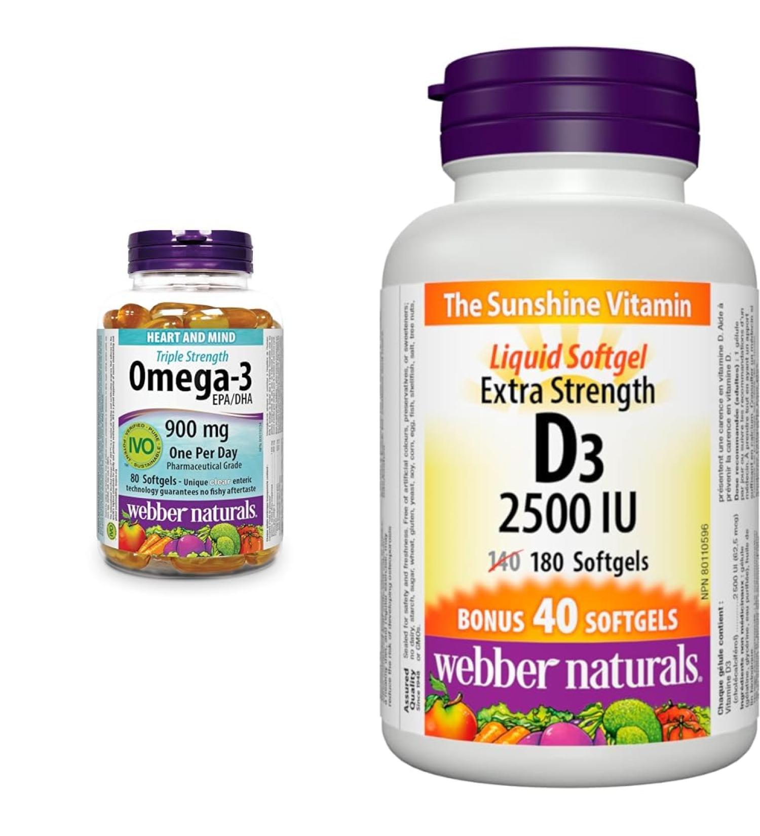 Webber Naturals Omega-3 900 mg Triple Strength & Vitamin D3 2500 IU Extra Strength 180 Softgels For Healthy Bones Teeth and Helps Prevent Vitamin D Deficiency 80 Omega + Vitamin D3 2500 IU - Buy Online on GoSupps.com