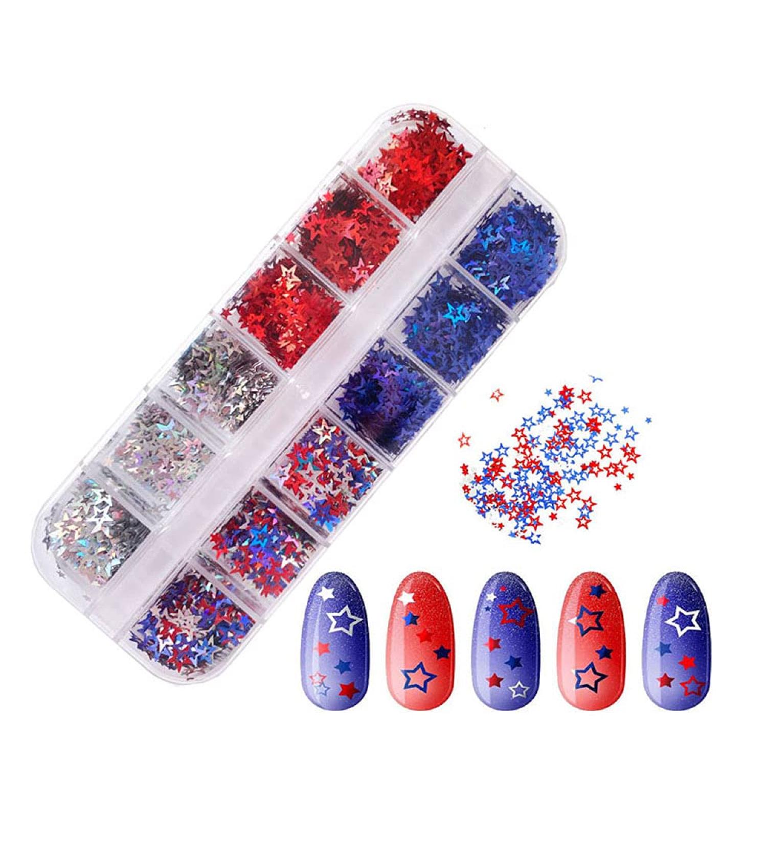 July 4th Independence Day Nail Art Glitter Sequins - 12 Grid Star Sequins in Red, Blue, Silver | Holographic Design Nail Stickers - Buy Online on GoSupps.com