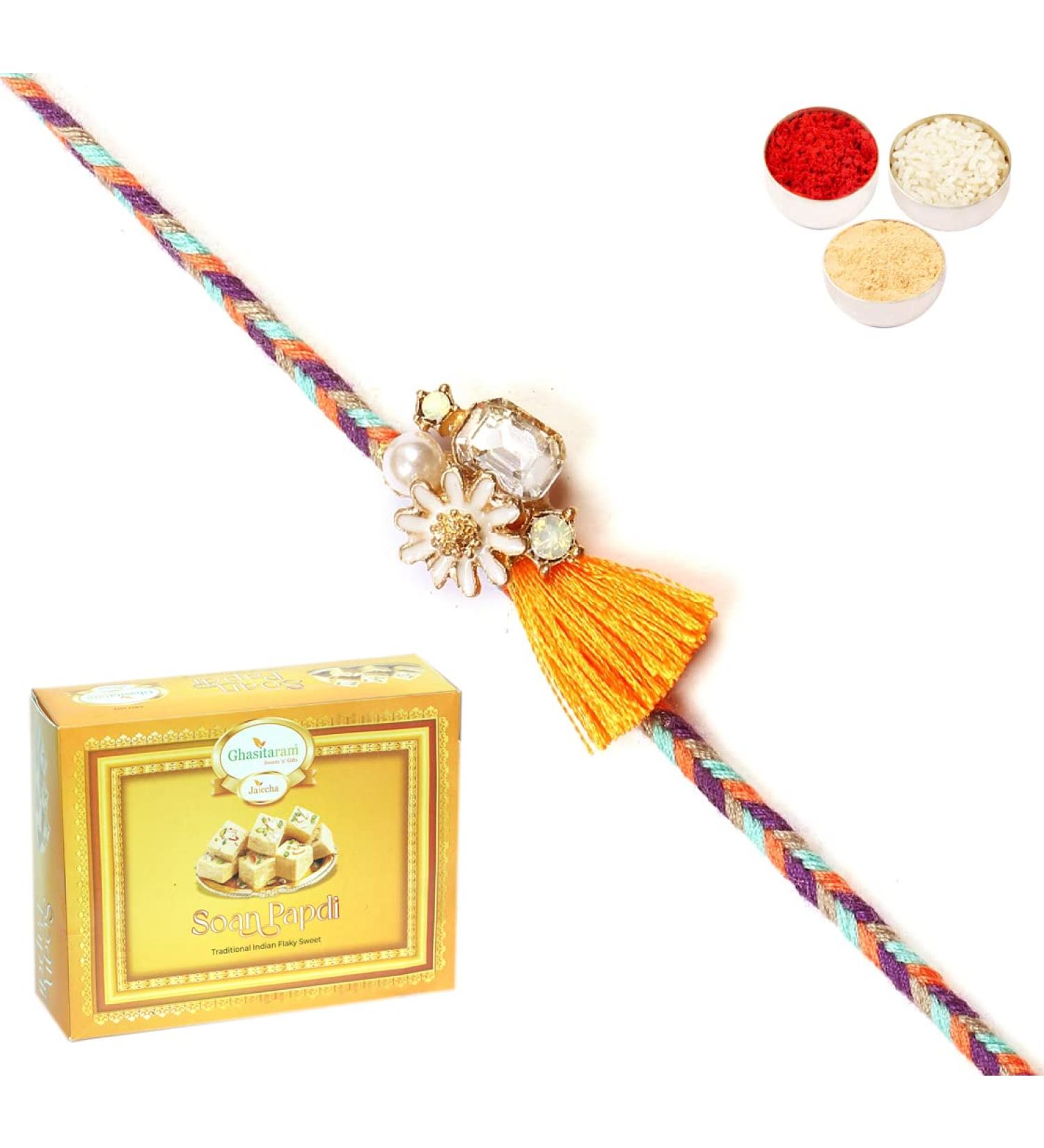 Ghasitaram Gifts Rakhi for Brother Rakhis Online - RM-652 Premium Rakhi with 400 GMS of Soan Papdi - Buy Online on GoSupps.com