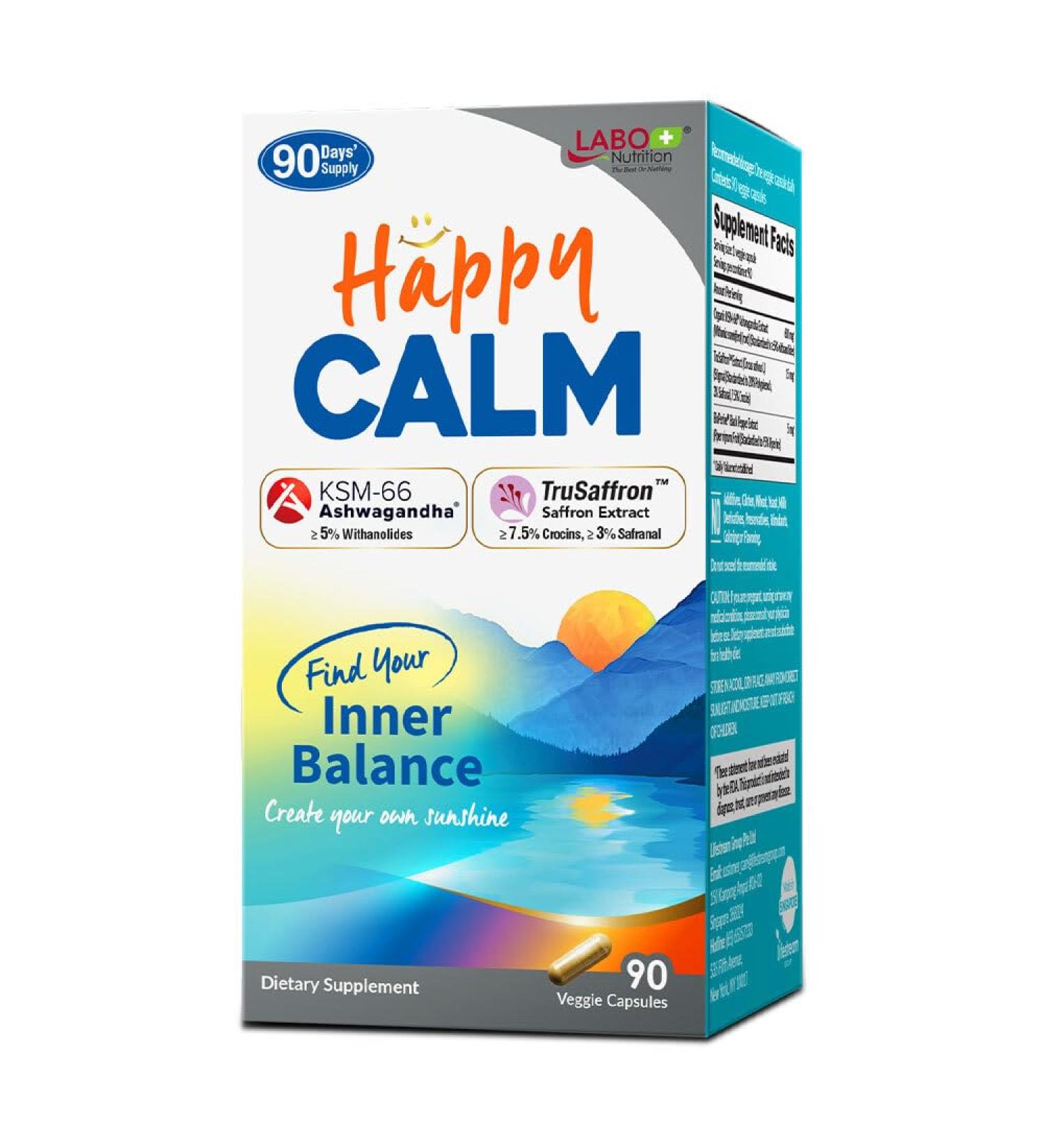 LABO Nutrition Happy Calm with KSM-66 Ashwagandha 5% Withanolides Saffron Extract and Black Pepper Extract for Stress Relief Energy Quality Sleep & Relaxation Non GMO 90 Veggie Capsules - Buy Online on GoSupps.com