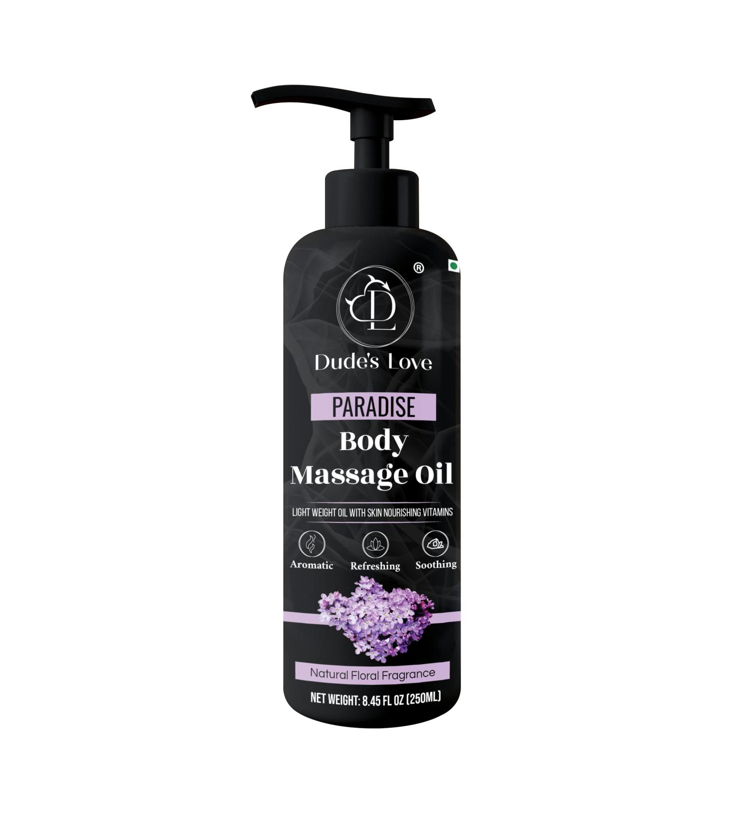 Dude's Love - Lavender Floral Edible Body Massage Oil - Relaxing Calming & No Stain | Non-Sticky Aromatherapy Oil With Orange Blossom & Lavender Essential Oil - 250 ML Paradise - Floral 250 ml (Pack of 1) - Buy Online on GoSupps.com