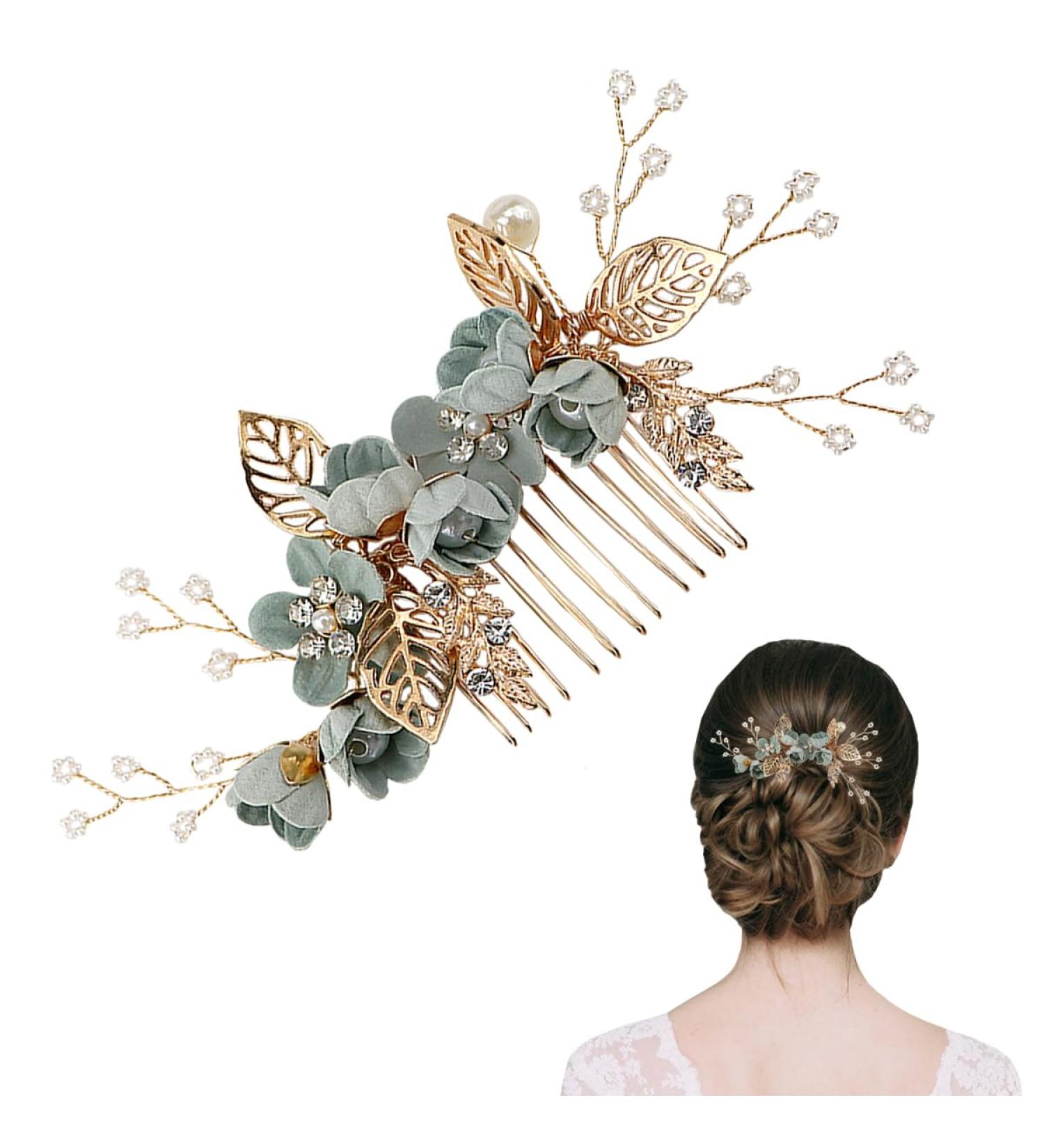 FERCAISH Wedding Hair Comb Flower Crystal Bridal Hair Accessories Pearl Leaf Headpiece for Wedding Bride Bridesmaid (Green) Mint Green - Buy Online on GoSupps.com