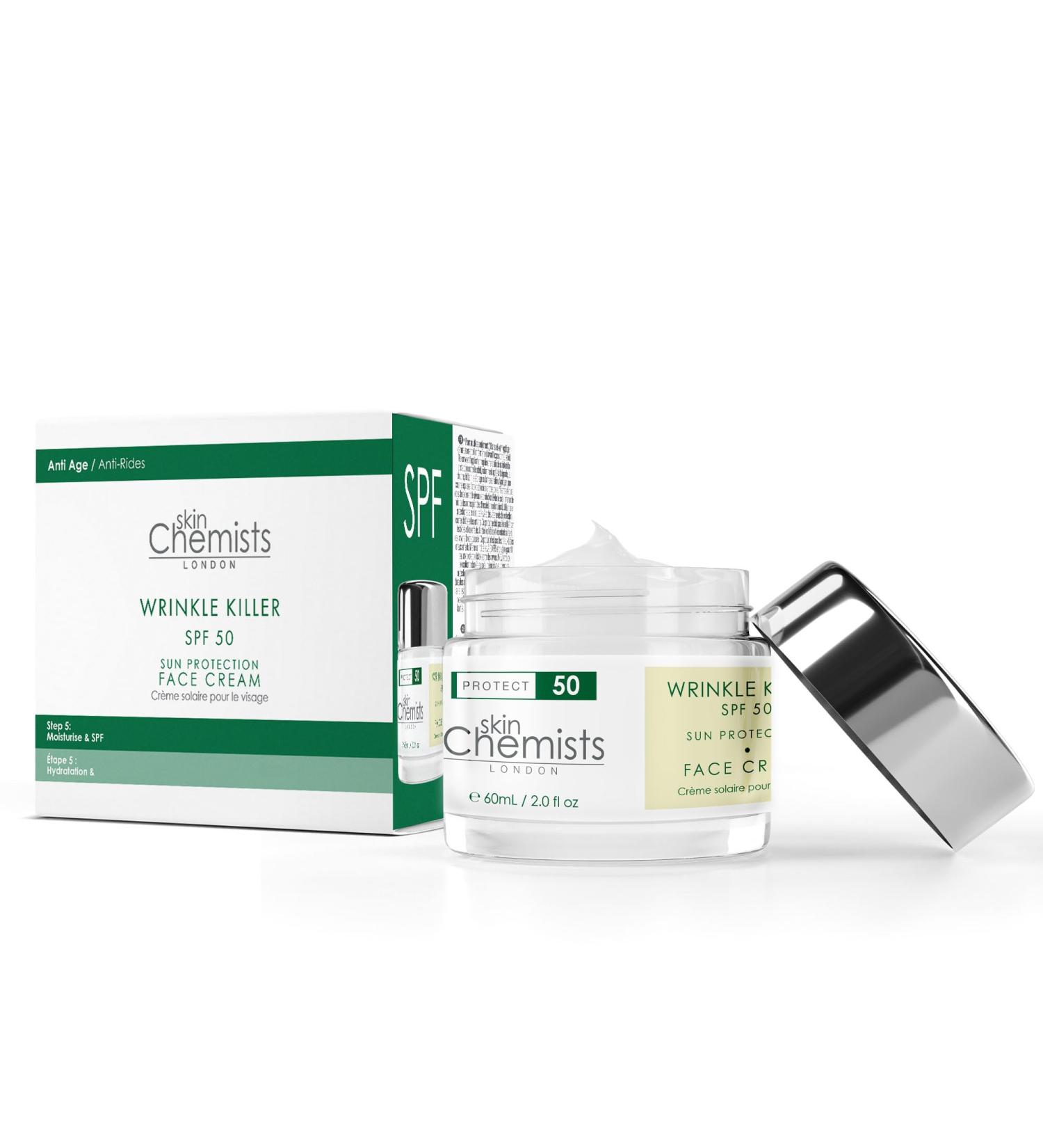 skinChemists SPF 50 Wrinkle Killer Sun Protection Day Moisturizer with Hyaluronic Acid & Antioxidants | UV Defense Deep Hydration Anti-Aging Sun Damage Protection - Buy Online on GoSupps.com