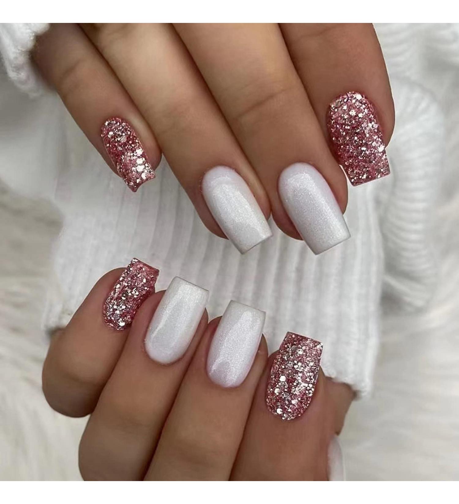MISUD Squoval White Aurora Press-On Nails - 24 pcs | Glitter Chrome Pink Bling False Nails - Buy Online on GoSupps.com