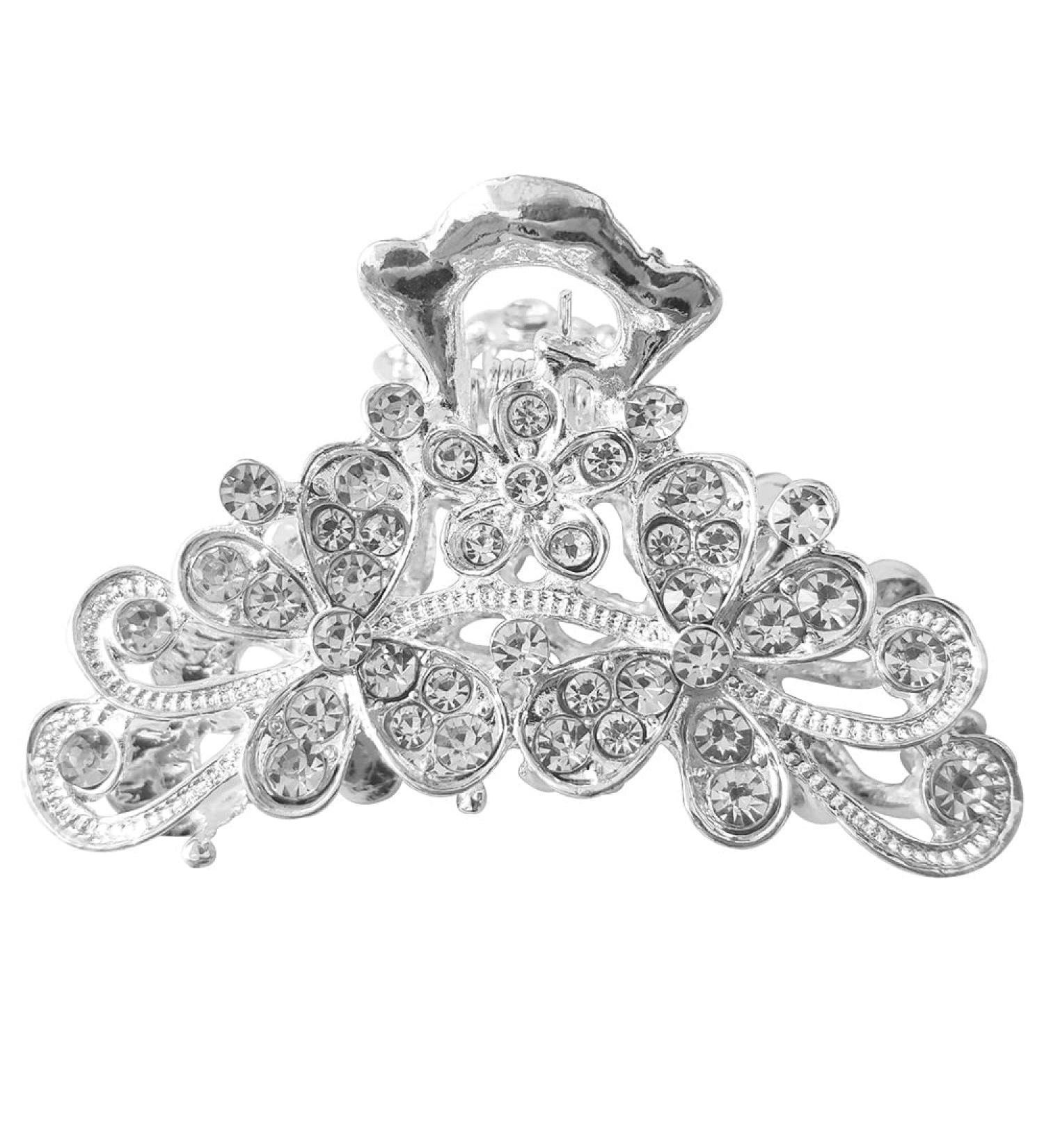Silver Vintage Rhinestone Hair Claw with Crystal Flowers - Stylish Hair Accessories for Women and Girls - Buy Online on GoSupps.com