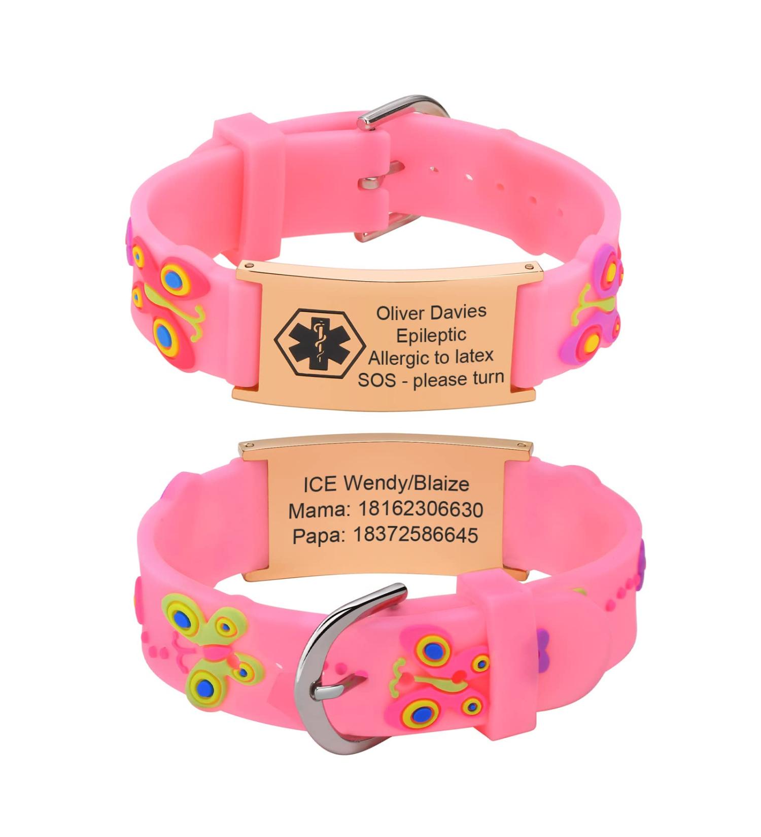 Customised Kids Safety ID Wristband | Personalised Medical Alert Bracelet for Boys and Girls | Pink Rose Gold Butterfly Design - Buy Online on GoSupps.com