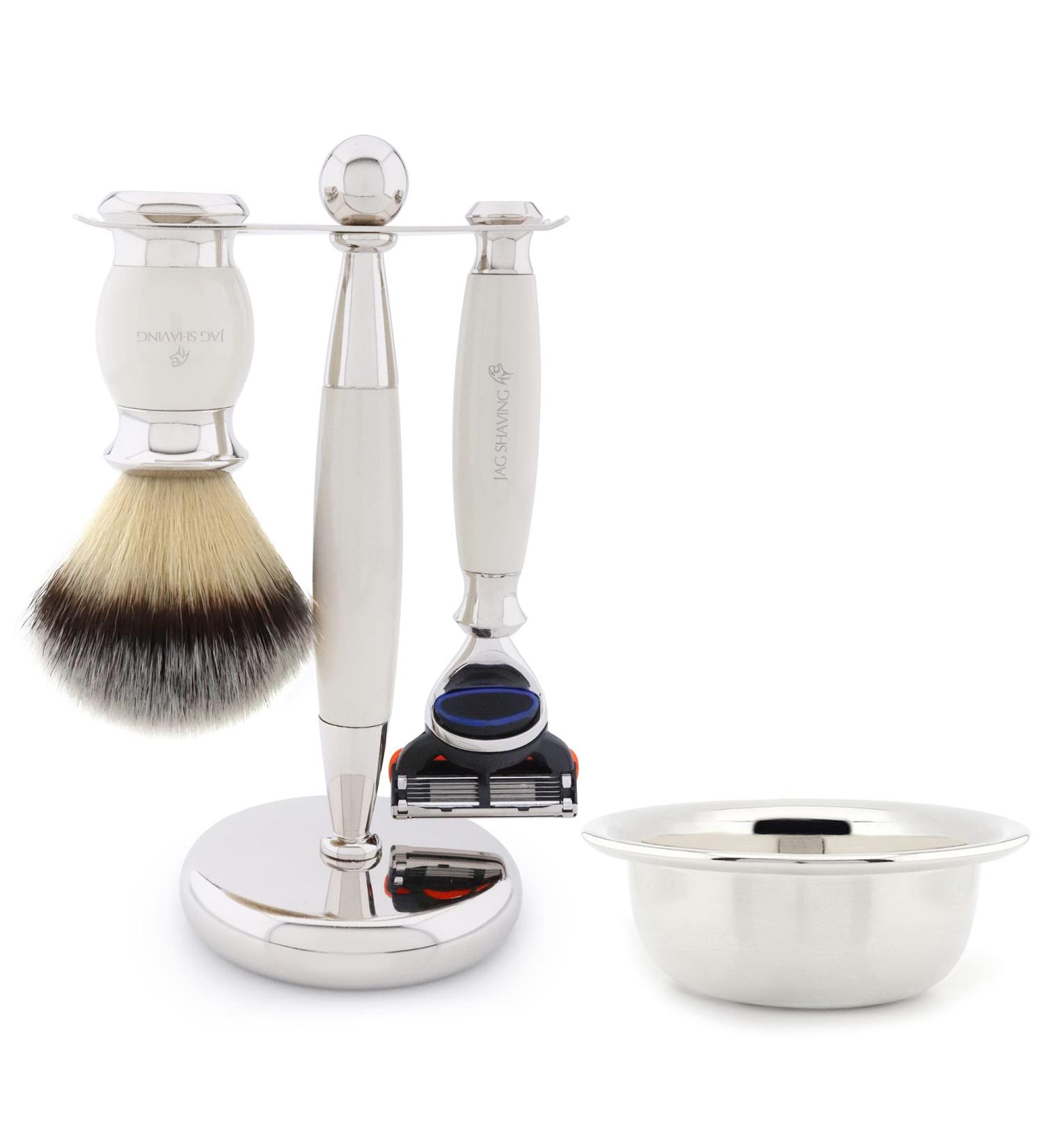 JAG Shaving Razor Set - Premium 4-Part Ivory Shaving Gift Set | Includes Silver Spitzhaar Brush 5 Edge Razor Bowl & Rack - Perfect for Men s Grooming - Buy Online on GoSupps.com
