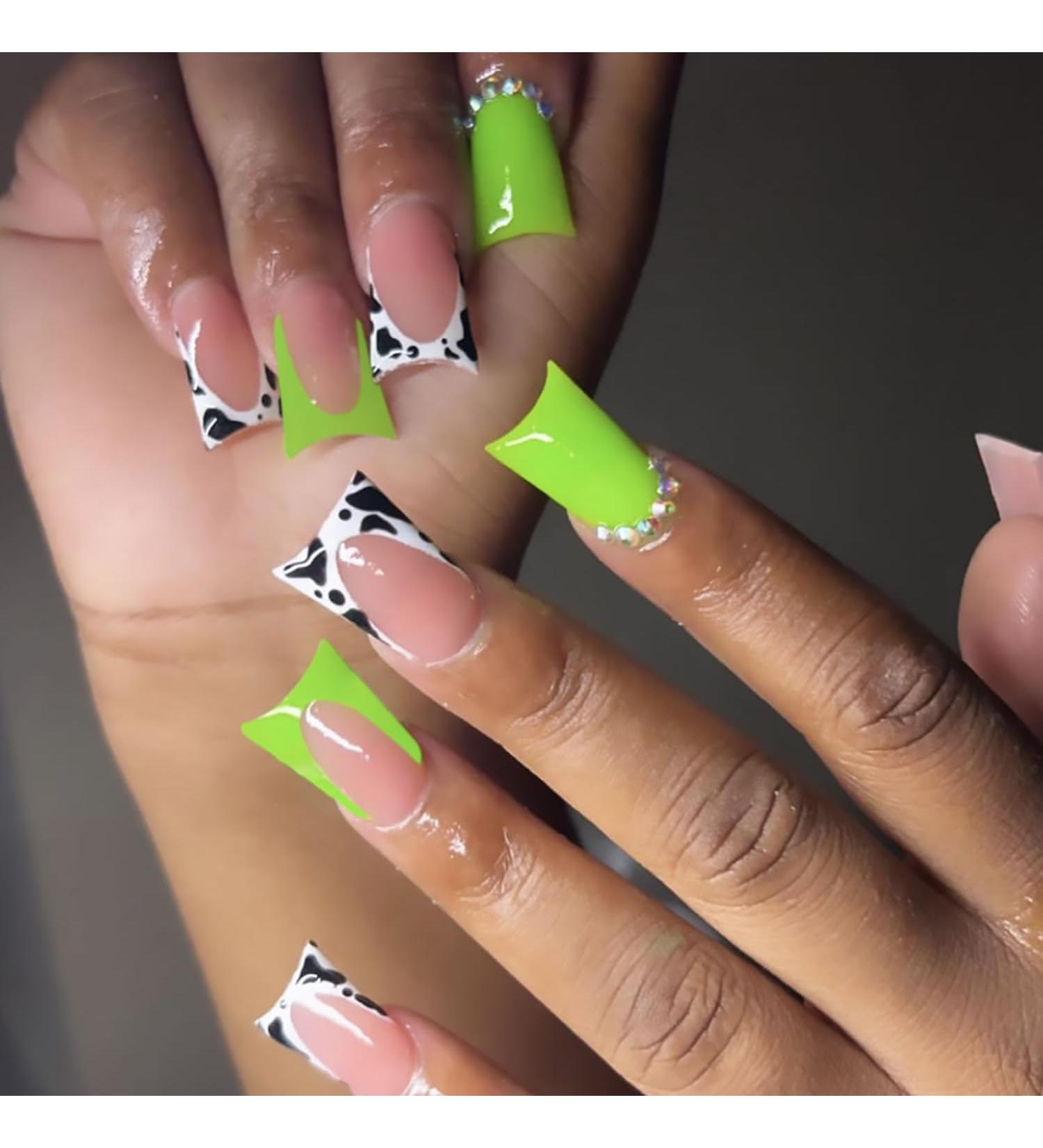 Shop Green Duck Nails - Rhinestone Designs Milk Pattern Wide French Tip Press-On Acrylic Nails for Women & Girls - Buy Online on GoSupps.com