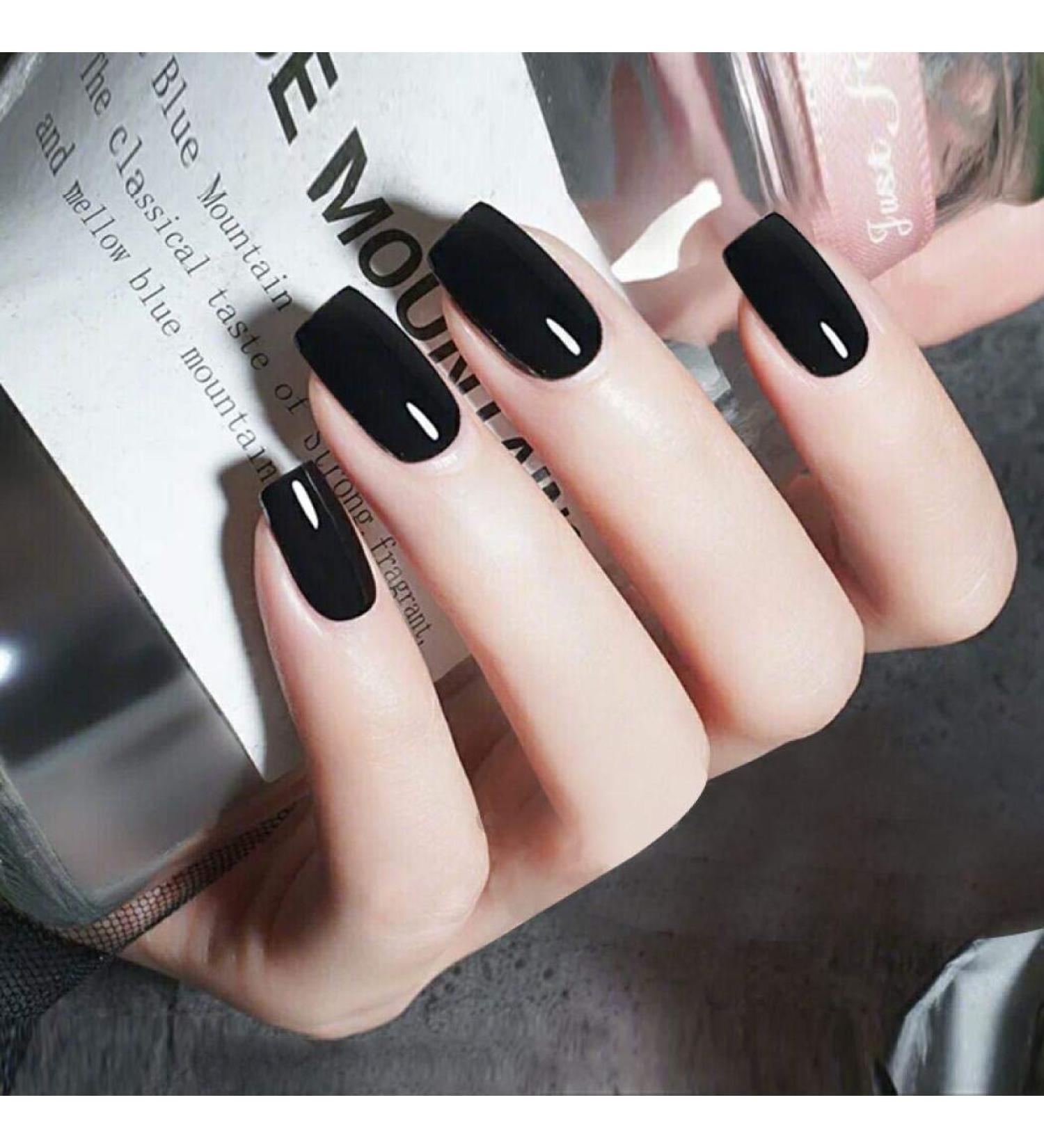 Shop Tseenyi Pure Black Long Square Head Artificial Nails - 24 Shiny Coffin Full Cover False Nails for Women & Girls - International Shipping Available - Buy Online on GoSupps.com