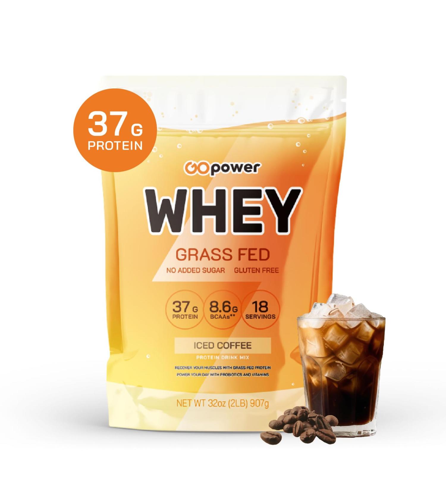 GOPOWER Whey Protein Powder with BCAAs Grass Fed Protein Powder 2 Pound 18 Servings Iced Coffee - Buy Online on GoSupps.com