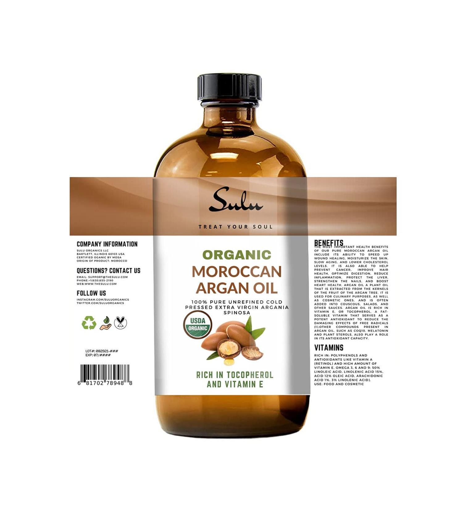 SULU ORGANICS 8 OUNCES Pure Organic Cold Pressed Unrefined Extra Virgin Moroccan Argan Oil