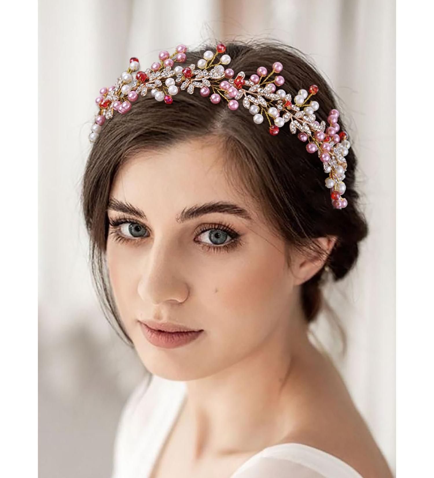 IYOU Pearl Wedding Hair Vine Pink Leaf Bridal Headband Crystal Bridesmaid Bride Hair Piece Accessories for Women(Gold) - Buy Online on GoSupps.com