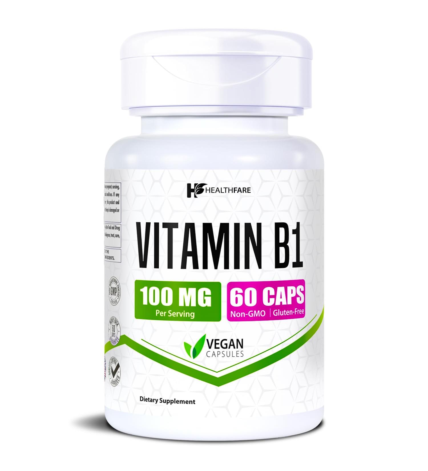 Healthfare Vitamin B1 100mg | 60 Capsules | Thiamine Supplement | Supports Overall Health | Non-GMO | Gluten Free (60 Capsules) 60 Count (Pack of 1) - Buy Online on GoSupps.com