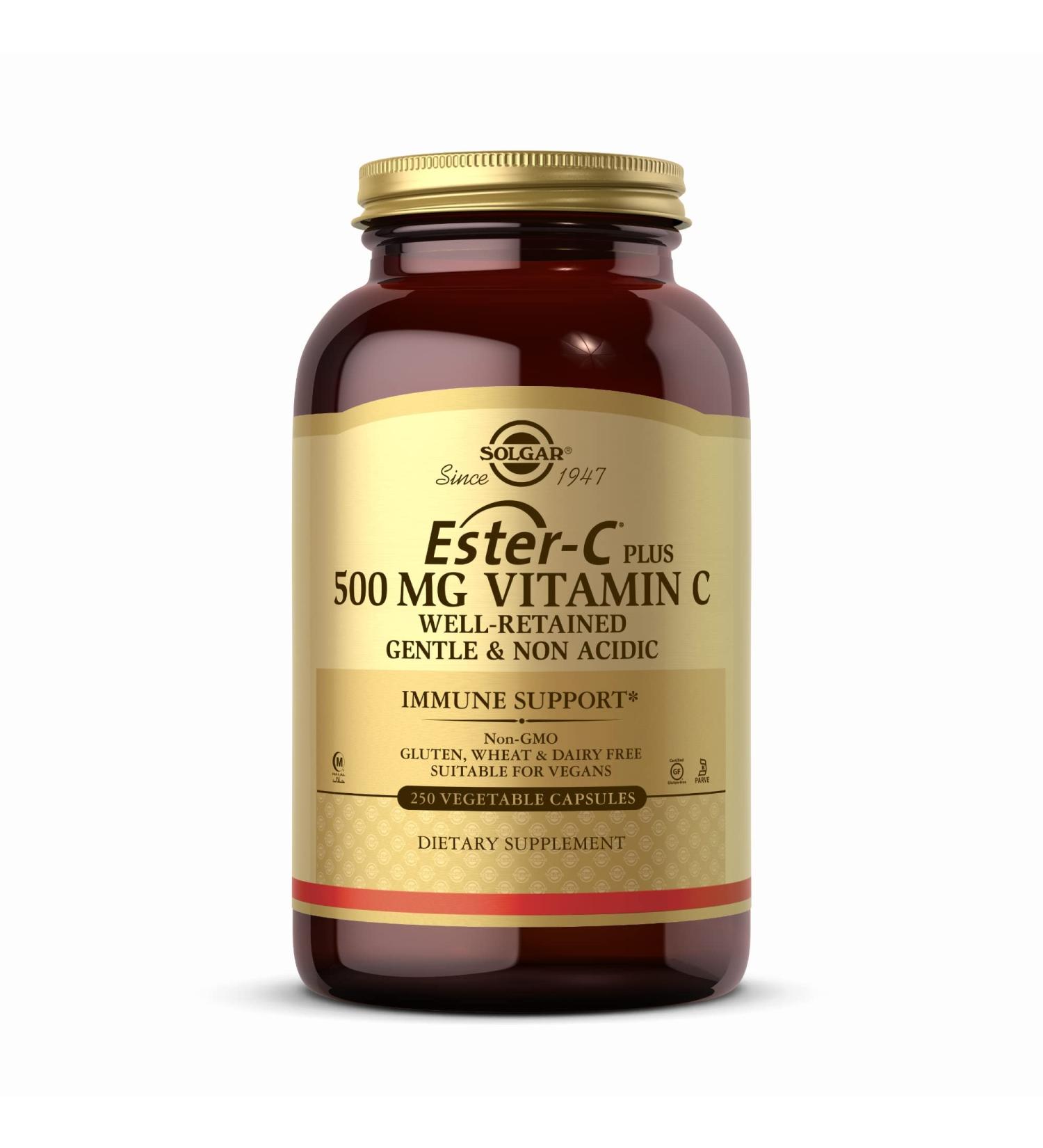 Solgar Ester-C Plus 500mg Vitamin C Capsules - 250 Vegetarian Capsules - Gentle, Non-Acidic Formula for Immune Support - Antioxidant, Non-GMO, Vegan, Gluten-Free, Kosher - Buy Online on GoSupps.com