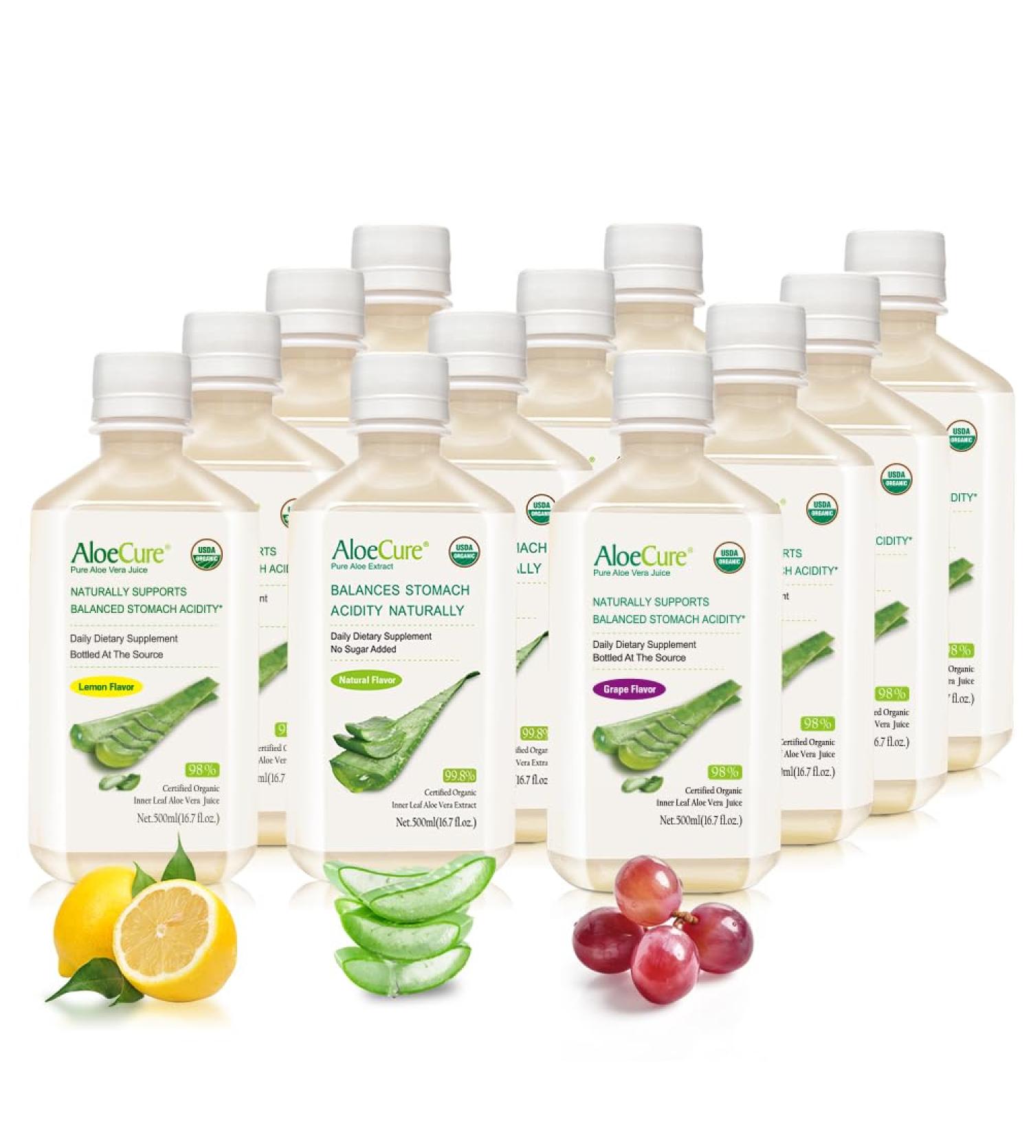 AloeCure Organic Aloe Vera Juice - 12 Bottle Sample Pack - Grape Lemon Natural Flavor 12x500ml - Buy Online on GoSupps.com