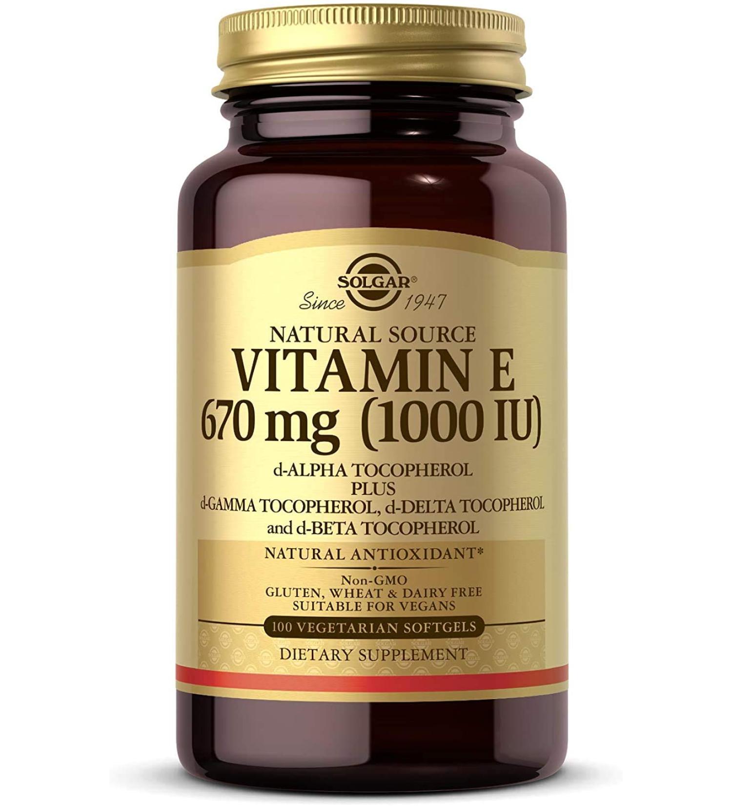 Solgar Vitamin E 670 mcg (1000 IU) - 100 Vegetarian Softgels | Naturally Sourced Antioxidant - Buy Online on GoSupps.com