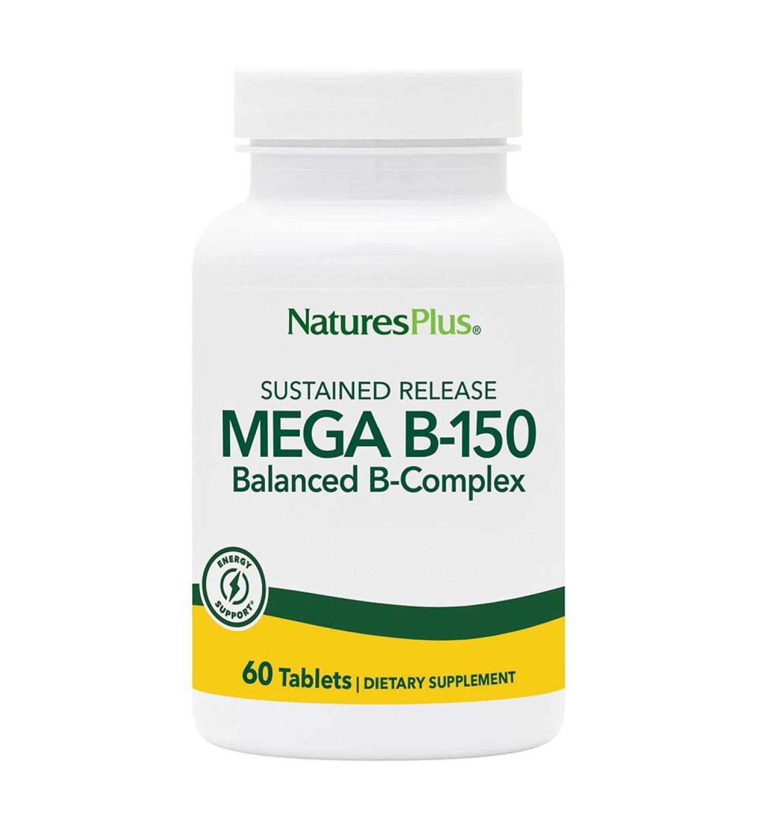 NaturesPlus Mega B-150 Complex - 60 Sustained Release Vegetarian Tablets - Maximum Potency B Complex Vitamin Supplement - Energy & Brain Booster - Gluten Free - 60 Servings - Buy Online on GoSupps.com