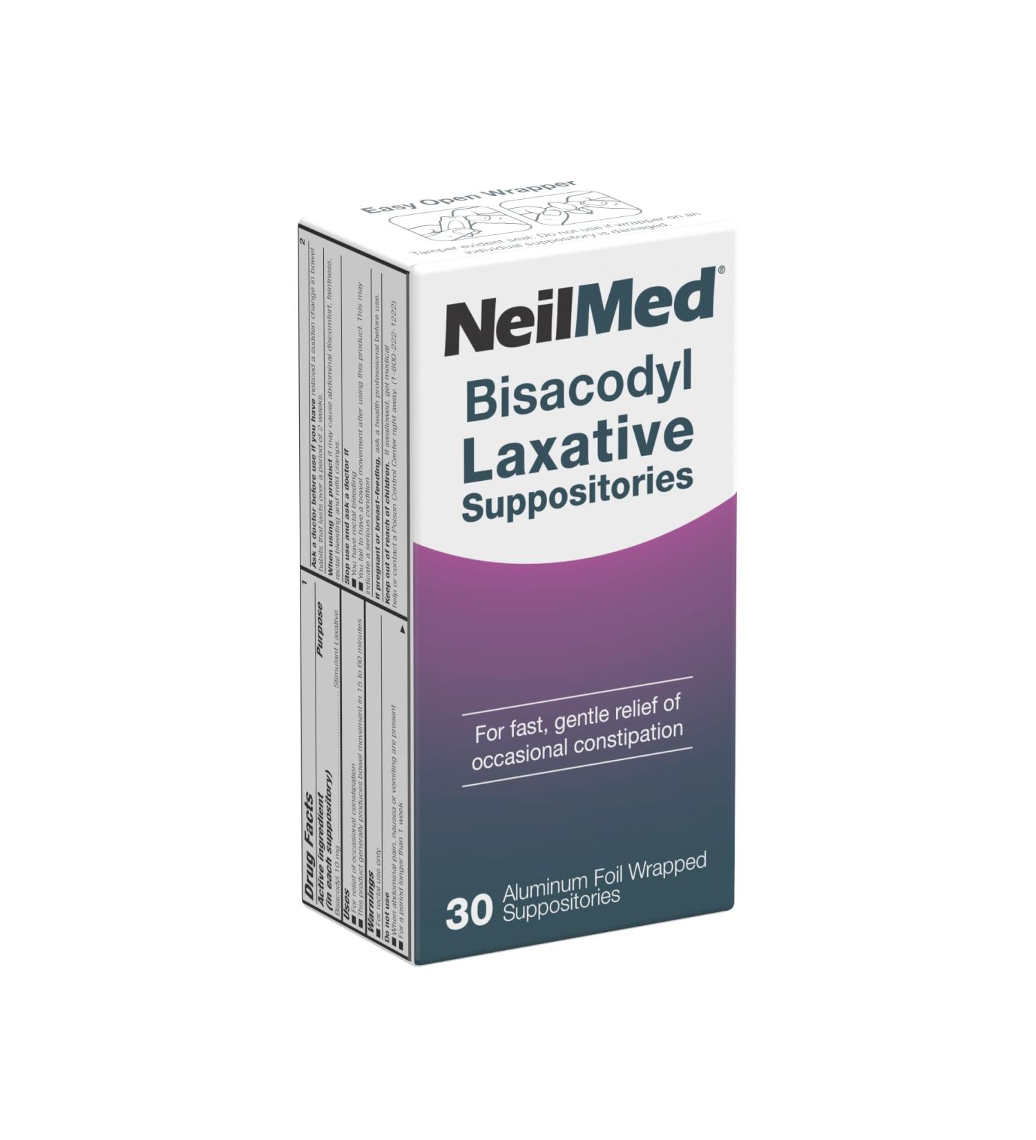 NeilMed Bisacodyl Laxative Suppositories Gentle Constipation Relief Fast Acting indivudally Wrapped hygienic Packaging Bisacodyl 10 mg Predictable Relief 30 ct