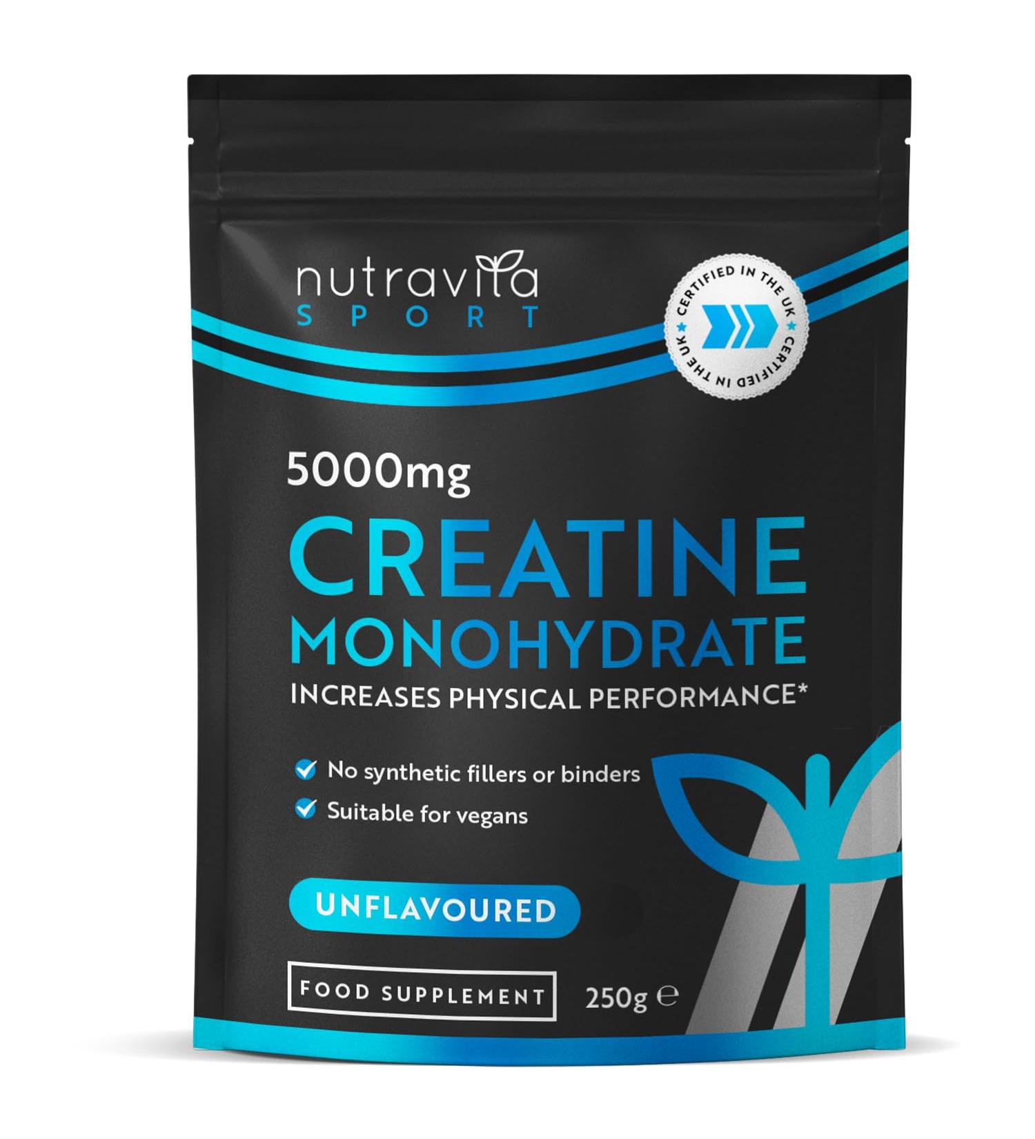 Nutravita Creatine Monohydrate 5000mg Powder - 50 Servings, Unflavoured 250g - Made in UK for Recovery & Performance - Men and Women Exercise Supplement - Buy Online on GoSupps.com
