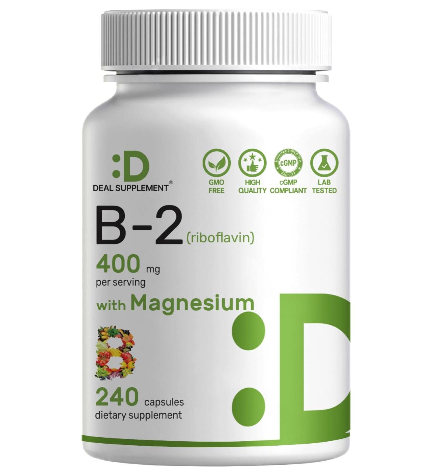 DEAL SUPPLEMENT Vitamin B2 400mg (Riboflavin) | with Magnesium Glycinate 400mg 240 Capsules 2 in 1 Support Healthy Nervous System Mood Blood & Energy Production Non-GMO 240 Count (Pack of 1) - Buy Online on GoSupps.com