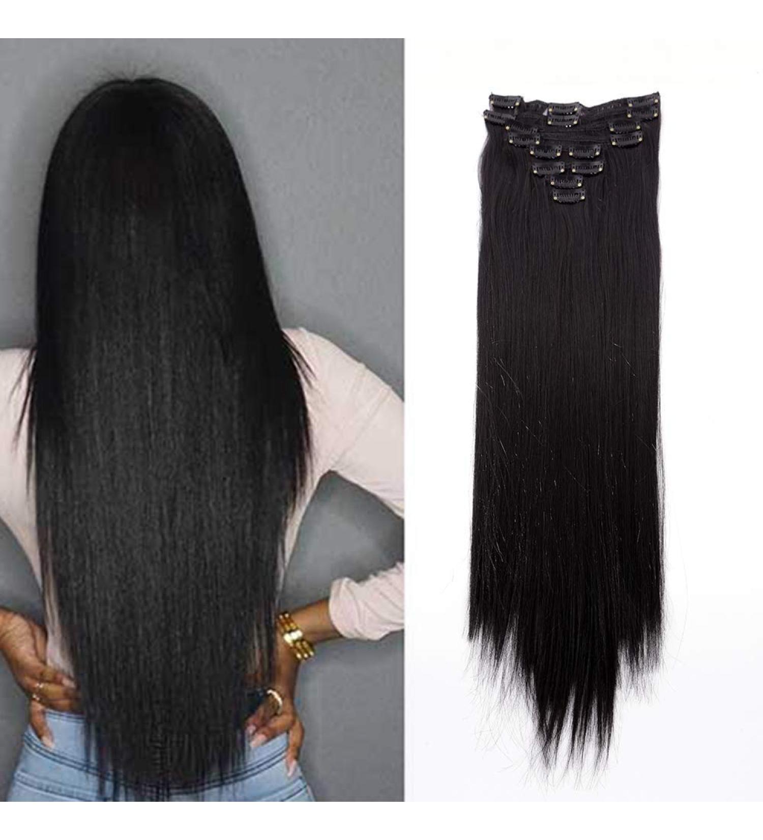 23 Inch Jet Black Clip-in Hair Extensions - 100% Synthetic Hair - 8pcs Set - Buy Online on GoSupps.com