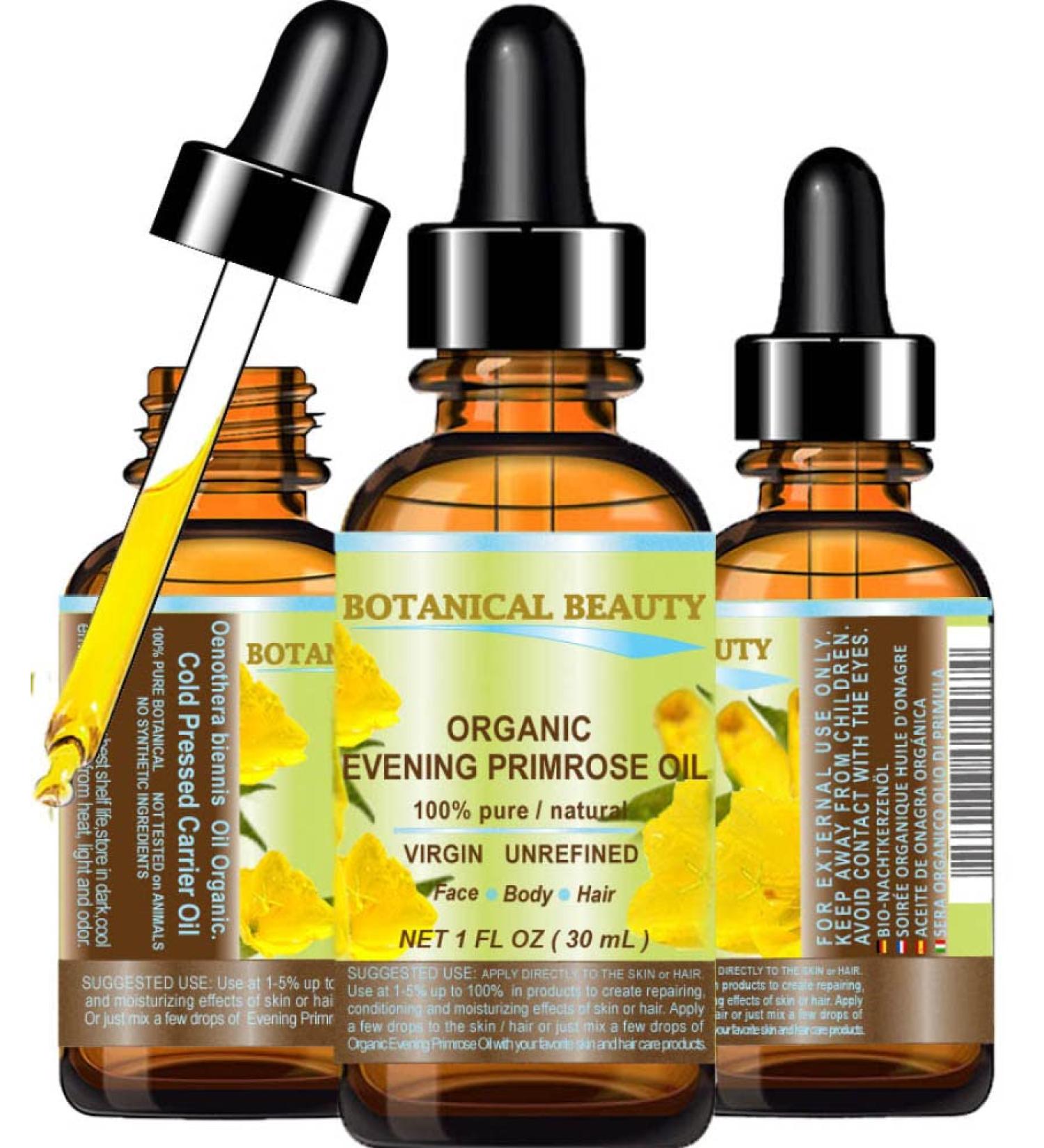 Certified Organic Evening Primrose Oil - 100% Pure, Cold Pressed, Rich in Antioxidants for Skin and Hair - 1 Fl.oz - Botanical Beauty - Buy Online on GoSupps.com