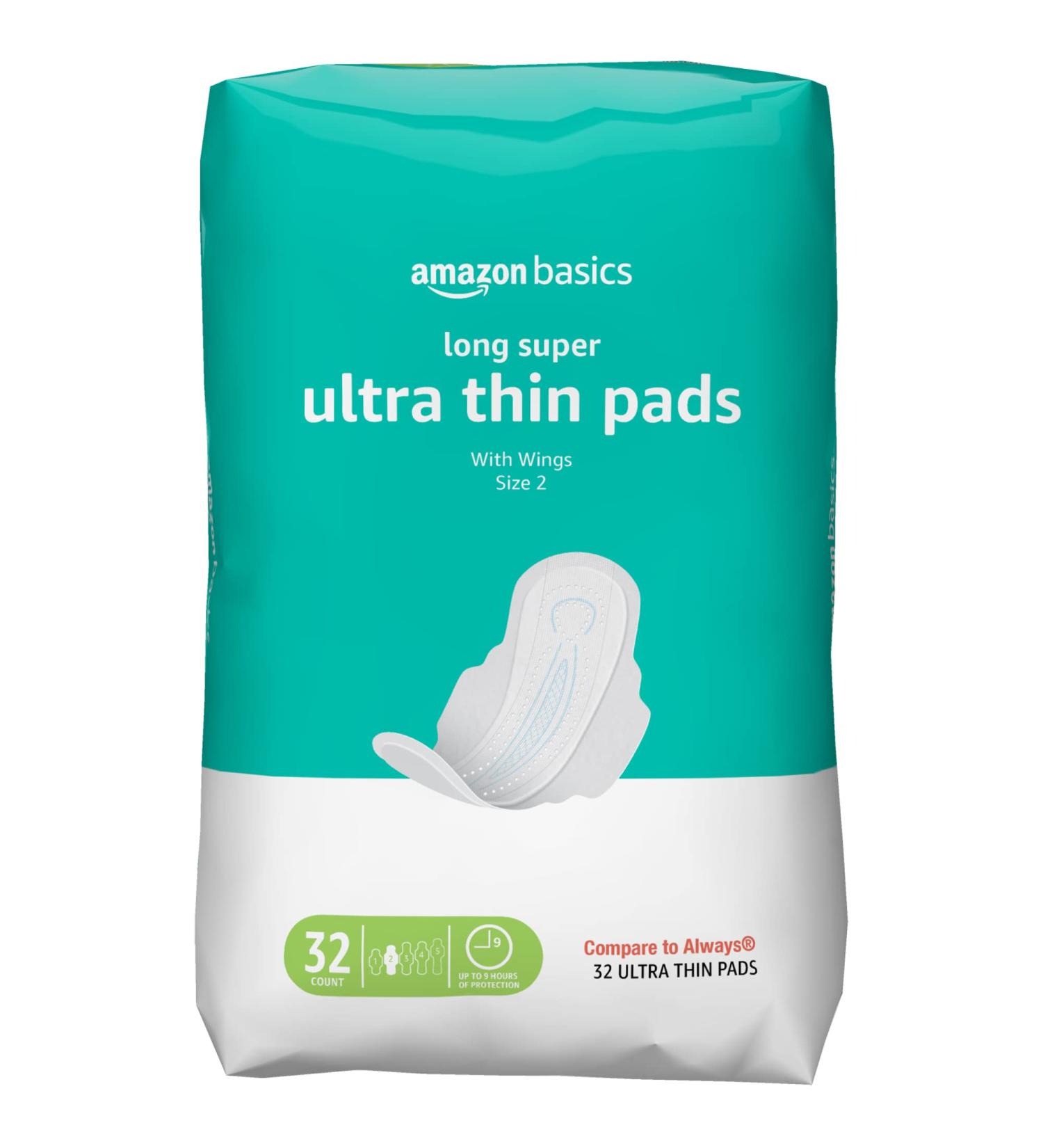 Amazon Basics Ultra Thin Pads with Flexi-Wings | Long Length, Super Absorbency | Unscented, Size 2 (32 Count) - 1 Pack | Ideal for Periods - Buy Online on GoSupps.com