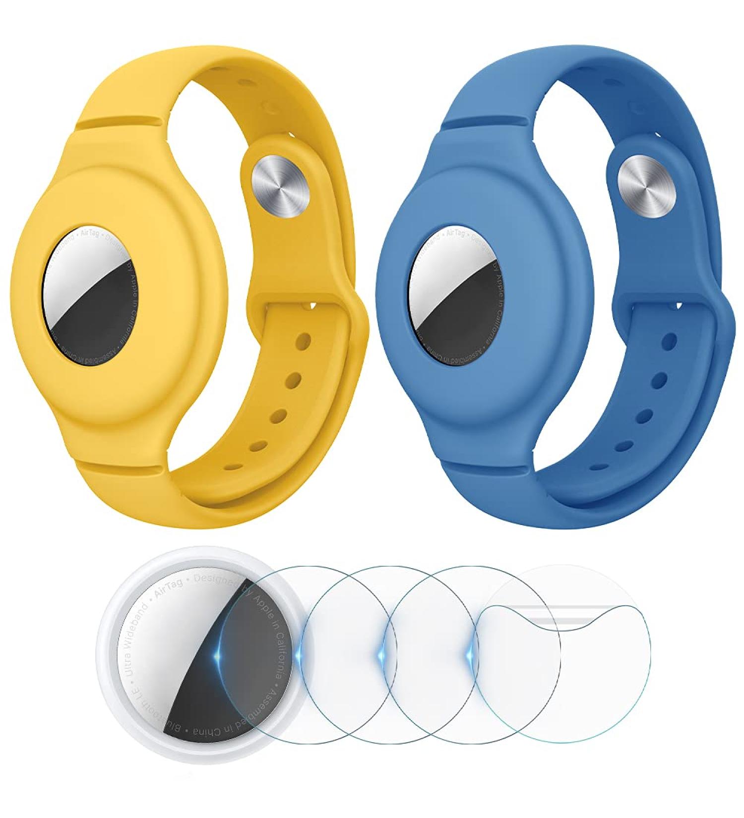 VEGO Kids AirTag Bracelet 2+4Pack - Silicone Watch Bands + Anti-Scratch Films - Metal Studs Wristband for AirTag - Yellow & Blue - Buy Online on GoSupps.com