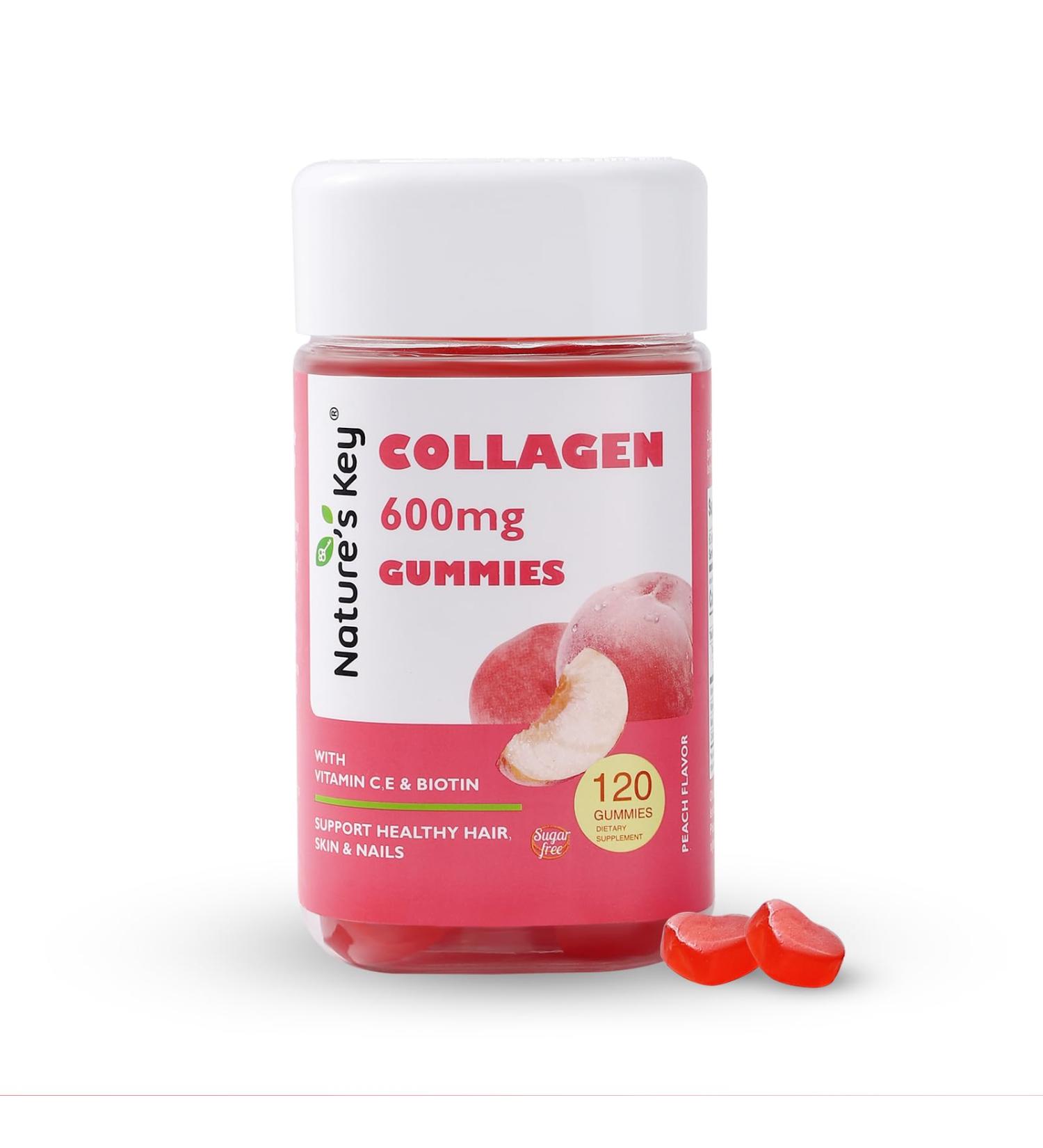 Nature's Key Collagen Gummies with Vitamins C, E & Biotin, 600mg Collagen Per Serving, Reduces Wrinkles & Promotes Skin Elasticity, Sugar Free Peach Flavor (120 Gummies, Pack of 1) - Buy Online on GoSupps.com