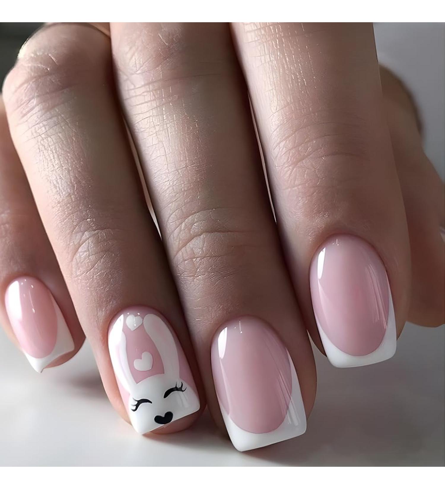 French Tip Press on Nails - Short Square Press On Nails with Nail Tips Cartoon cute rabbit white edge French fake nails press on nails Acrylic False Nails Cute Artificial Nails - Buy Online on GoSupps.com