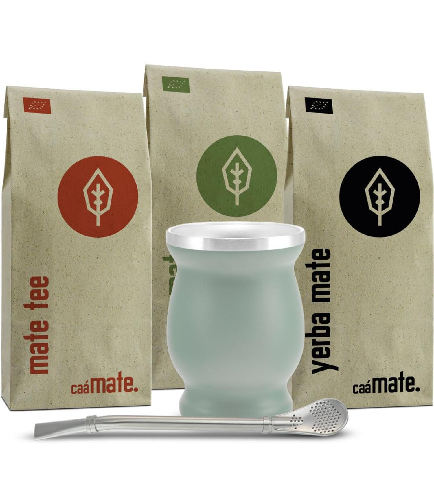 Organic Mate Tea Set | 3 Premium Types + Double-Walled Stainless Steel Cup & Bombilla | International Shipping Available - Buy Online on GoSupps.com