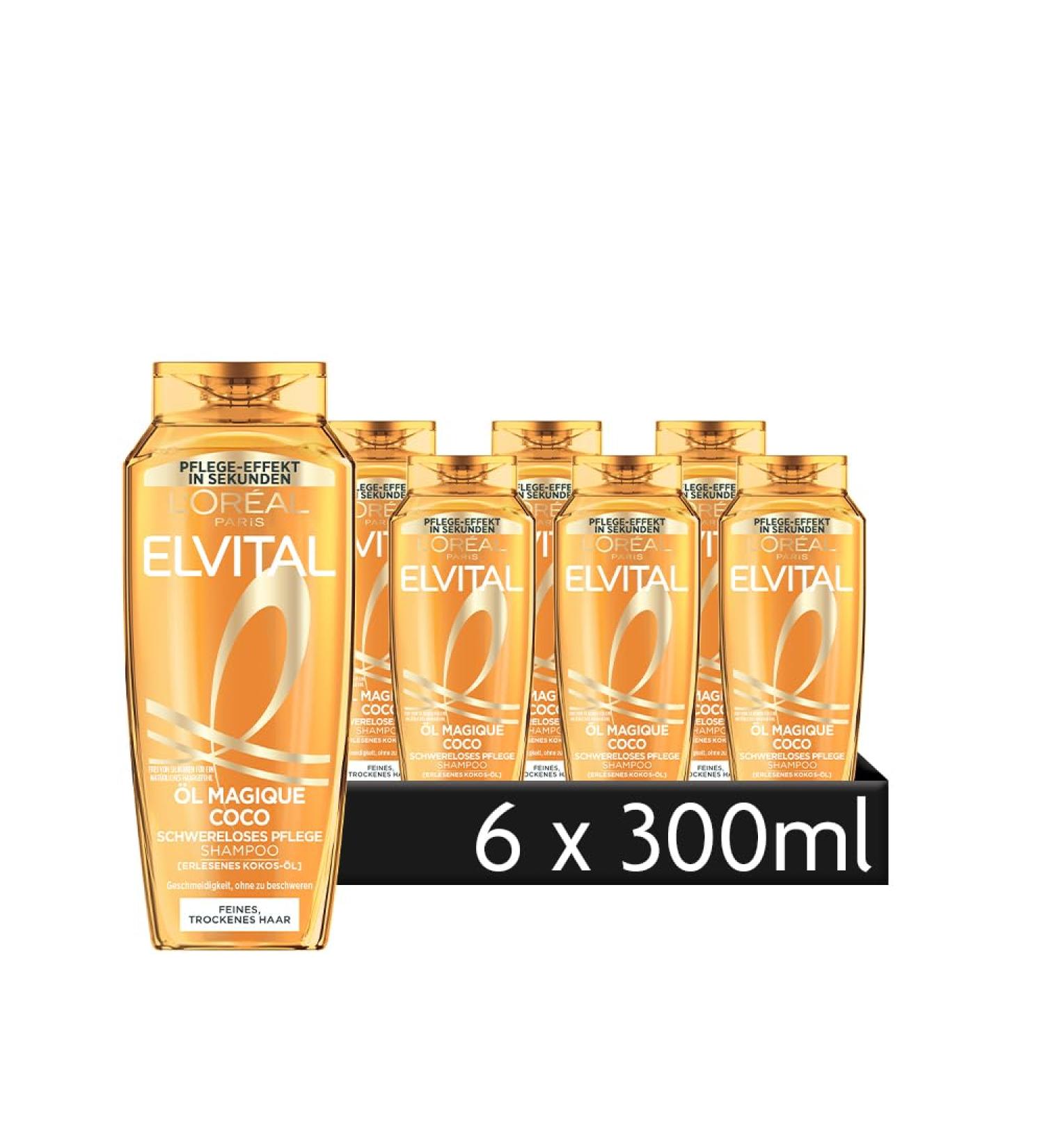  L'Oreal Paris L'Oreal Paris Elvital Weightless Shampoo for Supple Shiny Hair Enriched with Refined Coconut Oil with Magic Coconut Oil 6 x 300 ml - Buy Online on GoSupps.com