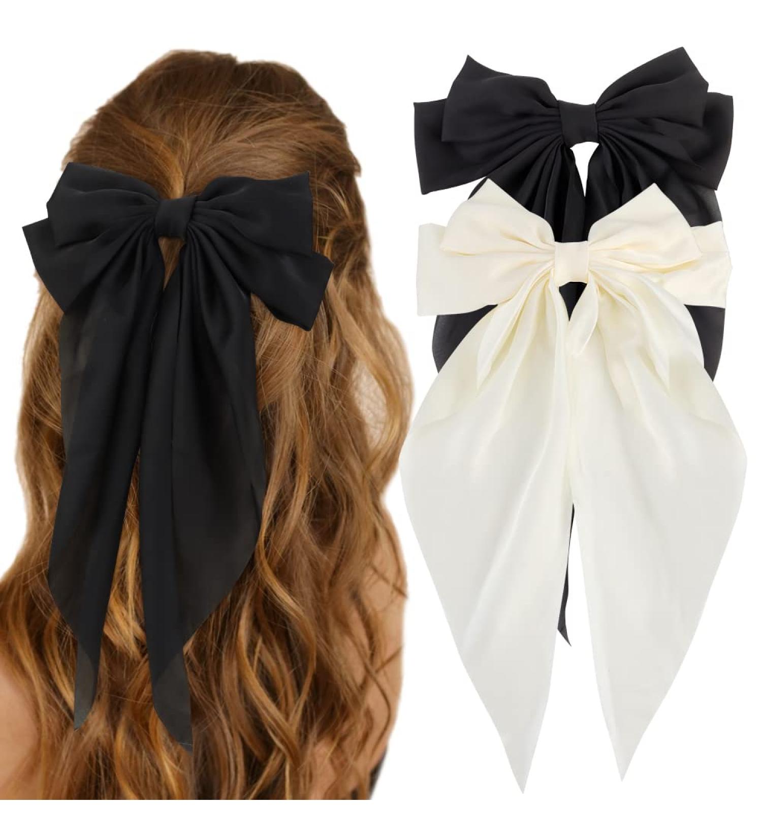 ATODEN Silky Satin Hair Bows 2 Pcs - Oversized Black & White Hair Ribbons for Women - Buy Online on GoSupps.com