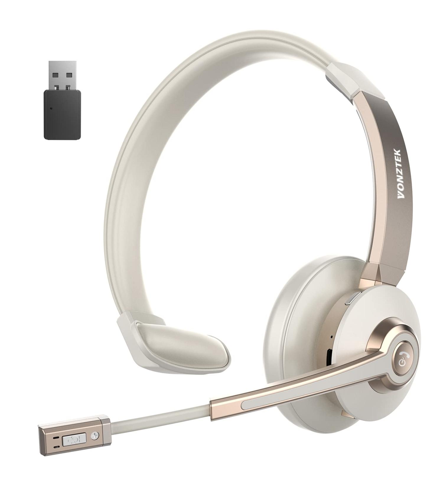 Wireless Bluetooth Headset with Noise Canceling Microphone, USB Dongle, Mic Mute - Trucker Headset for Cell Phone, Office, Skype, Zoom - White Gold - Buy Online on GoSupps.com