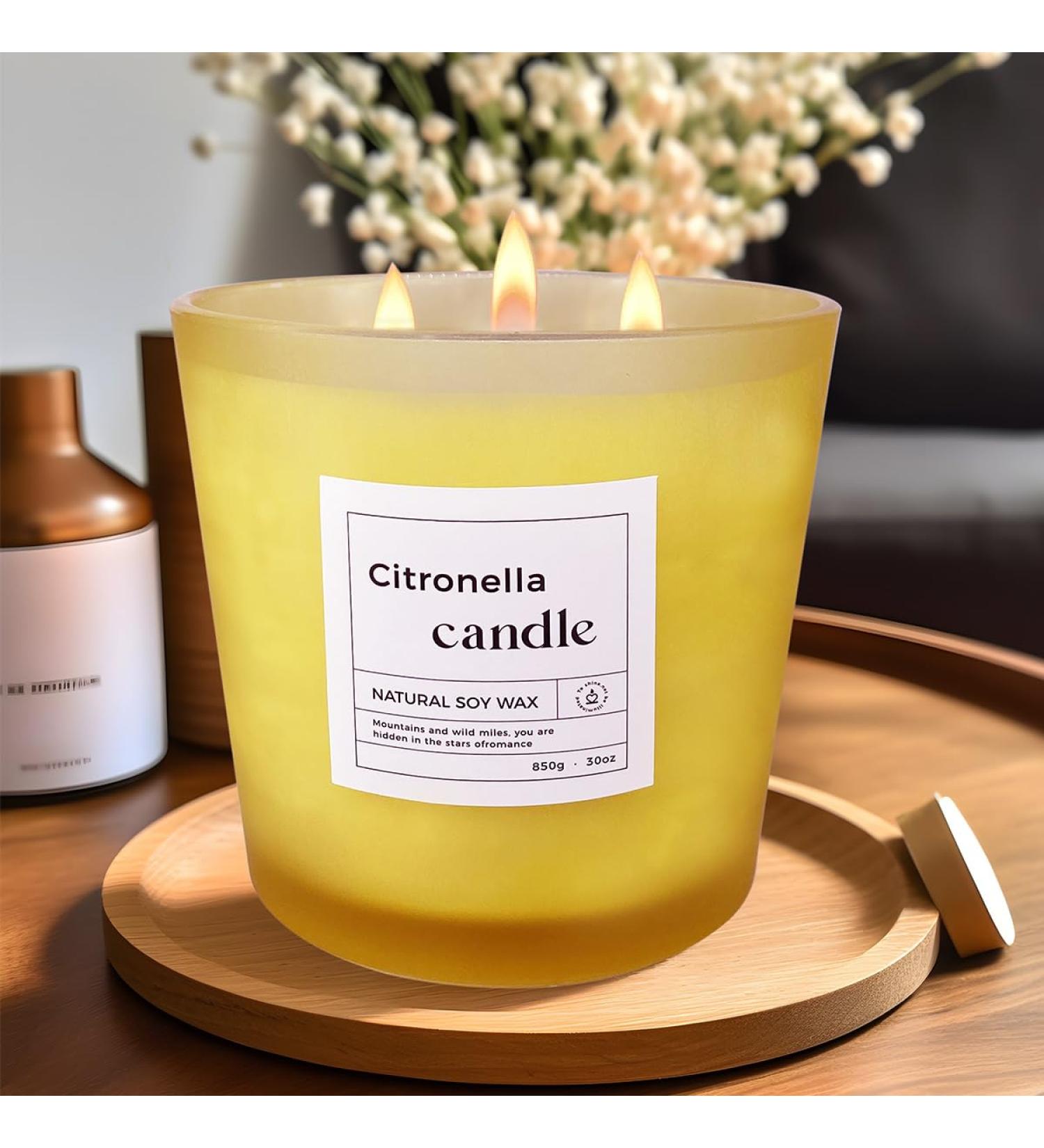 Luxury Citronella Candle | 30oz 3 Wick Aromatherapy | Natural Soy Wax | Indoor & Outdoor Scented | 120 Hours Burning Time | Relaxing Yellow Decor - Buy Online on GoSupps.com